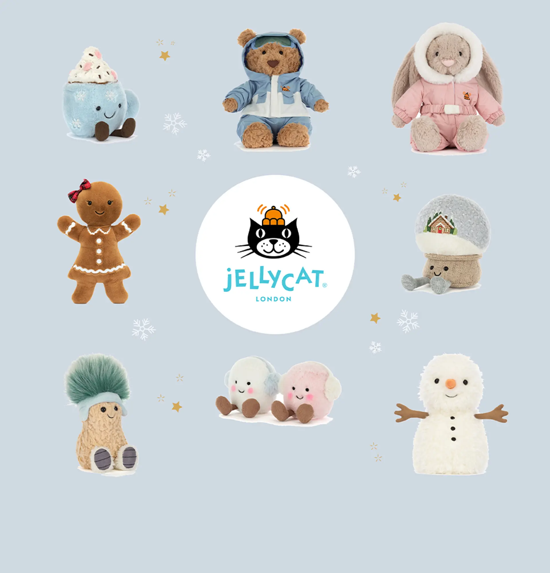 Jellycat julekolleksjon. Illustrasjon med noen av bamsene fra den nye kolleksjonen.