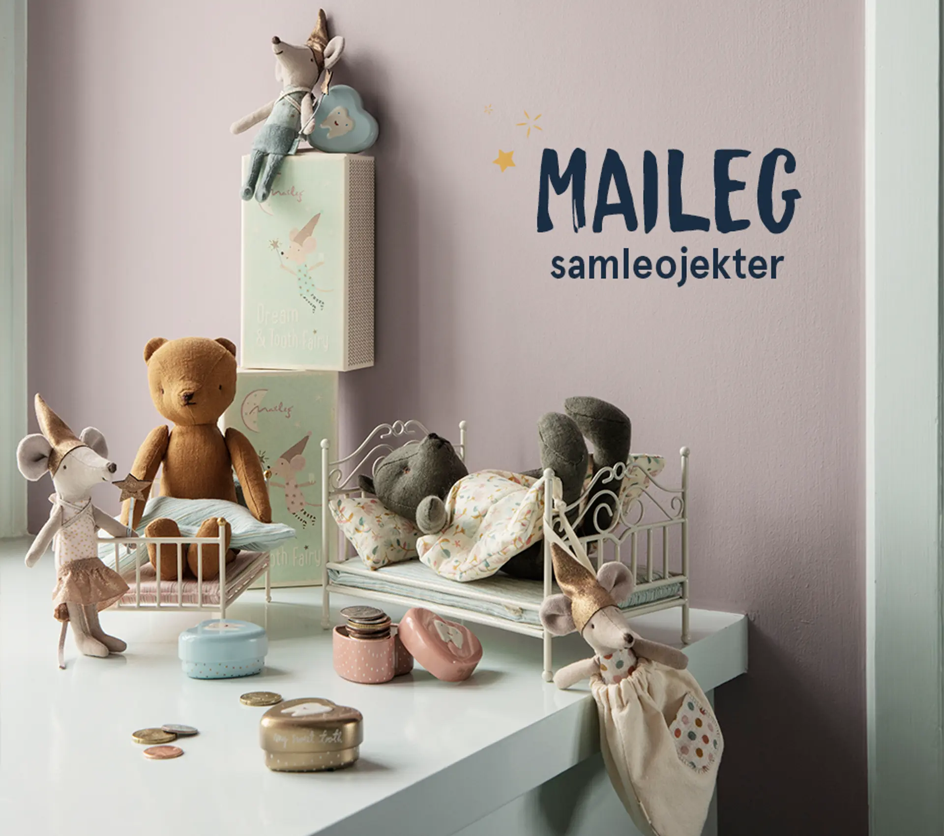 Fotografi av et barnerom med Maileg dukker.