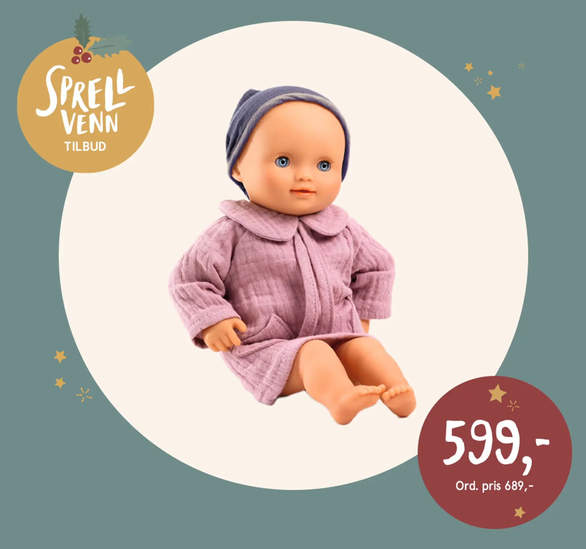 Fotografi av en babydukke. Juletilbud! NÅ 599 kr, ordinær pris 659 kr.