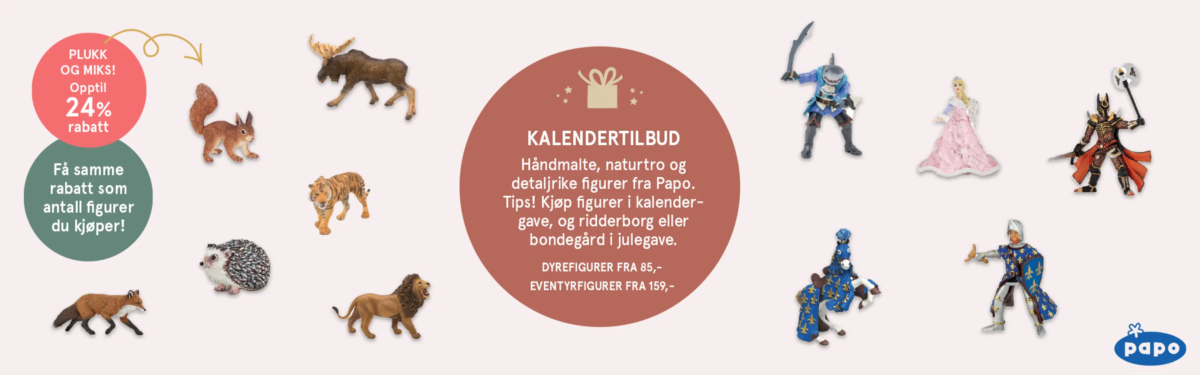 Plukk og miks opptil 24% på Papo - få samme rabatt som antall figurer du kjøper! Kalendertilbud: Håndmalte, naturtro og detaljrike figurer fra Papo. Tips! Kjøp figurer i kalendergave og ridderborg eller bondegård i julegave, Gjelder kun i butikk. Illustrasjon med figurer fra Papo.