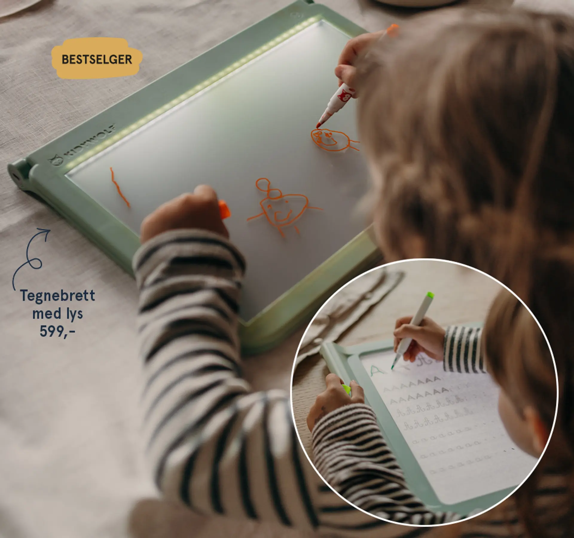 Gavetips fra 3 år: Kidydraw Pro, tegnebrett med lys - bestselger! Fotografi av barn som tegner på brettet.