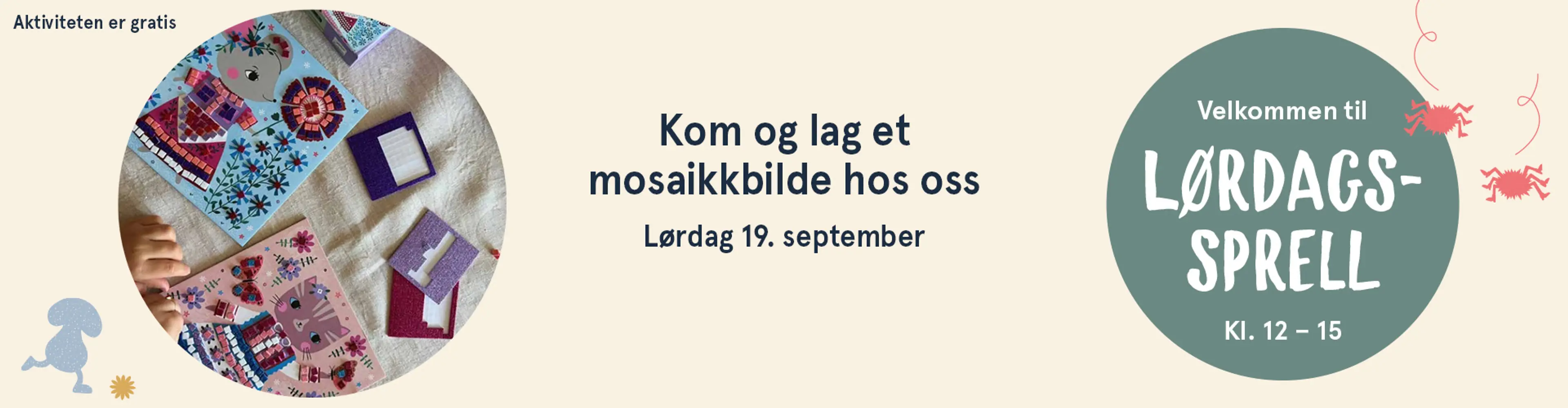 Velkommen til Lørdagssprell! Aktiviteten er gratis. Illutsrasjon.