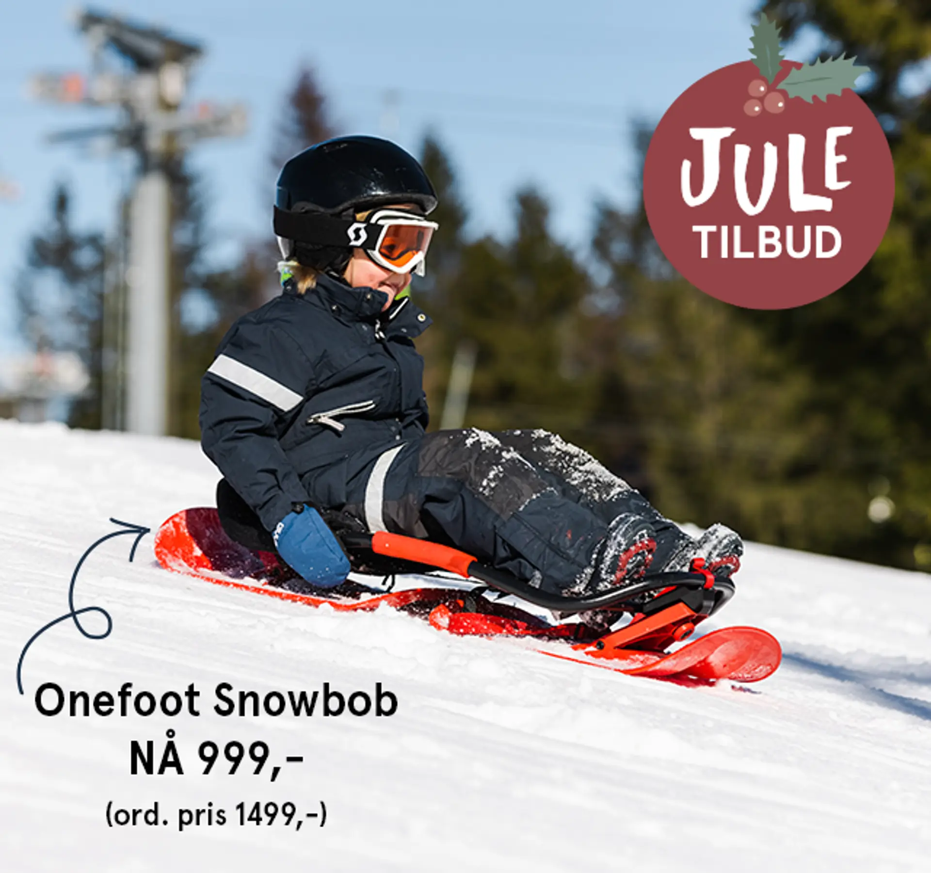 Juletilbud på Onefoot Snowbob, NÅ 999,- (ord. pris 1499,-). Gjelder til 24. desember 2024. Fotografi av akende gutt med illustrasjoner.