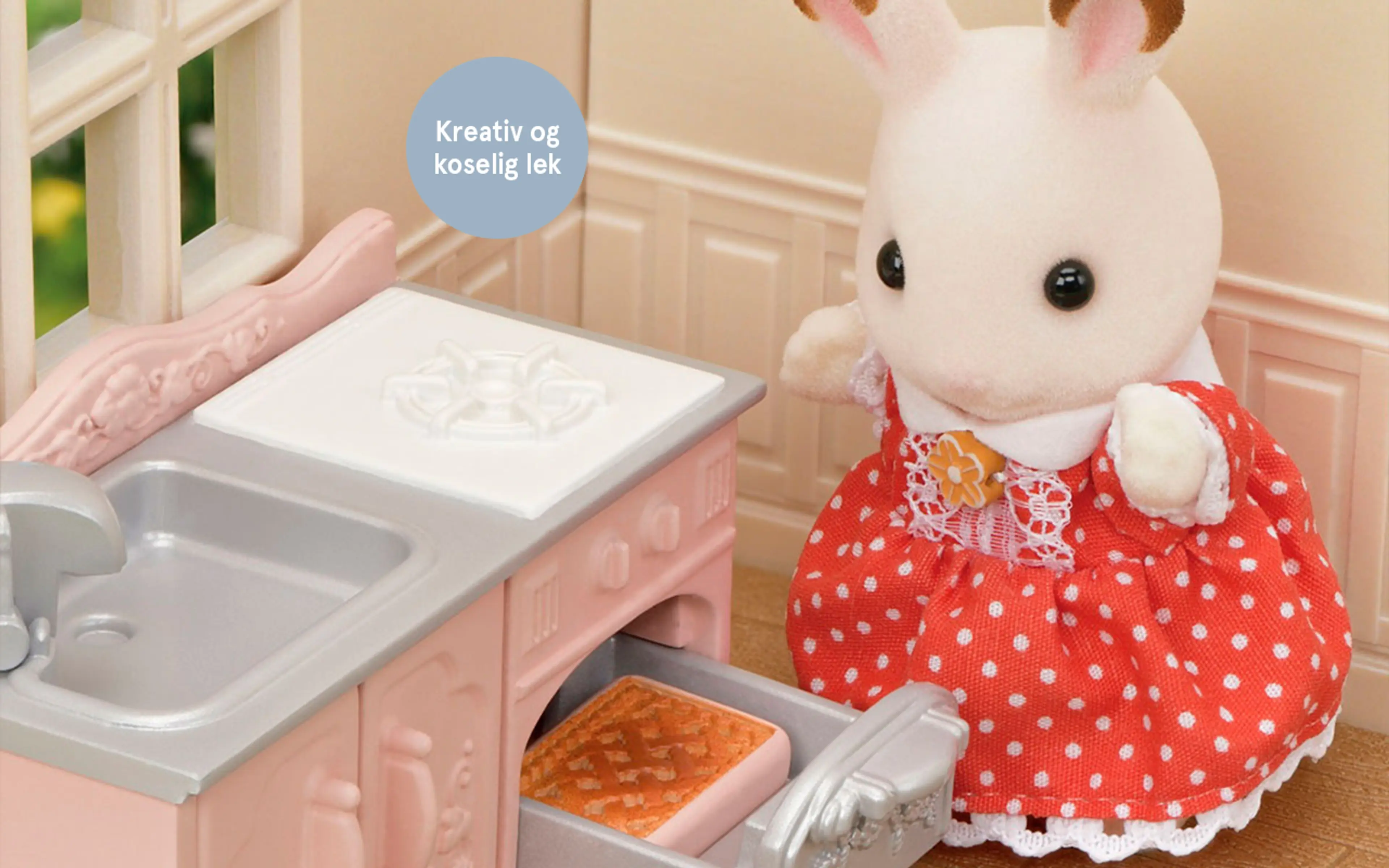 Fotografi av sjokoladekanin-dukke fra Sylvanian Families. Kreativ og koselig lek!
