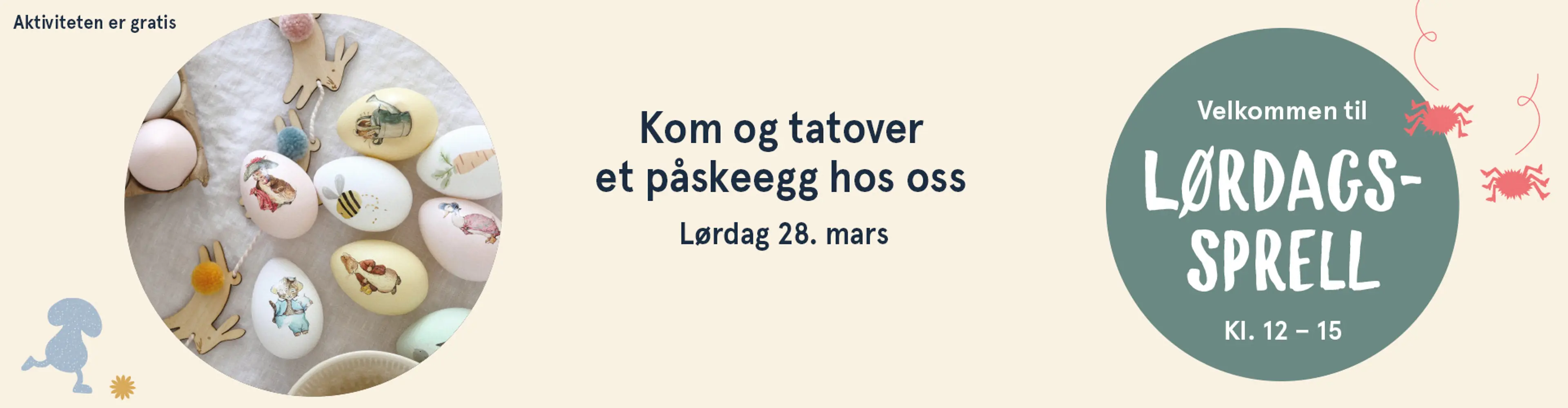 Velkommen til Lørdagssprell! Aktiviteten er gratis. Illutsrasjon.