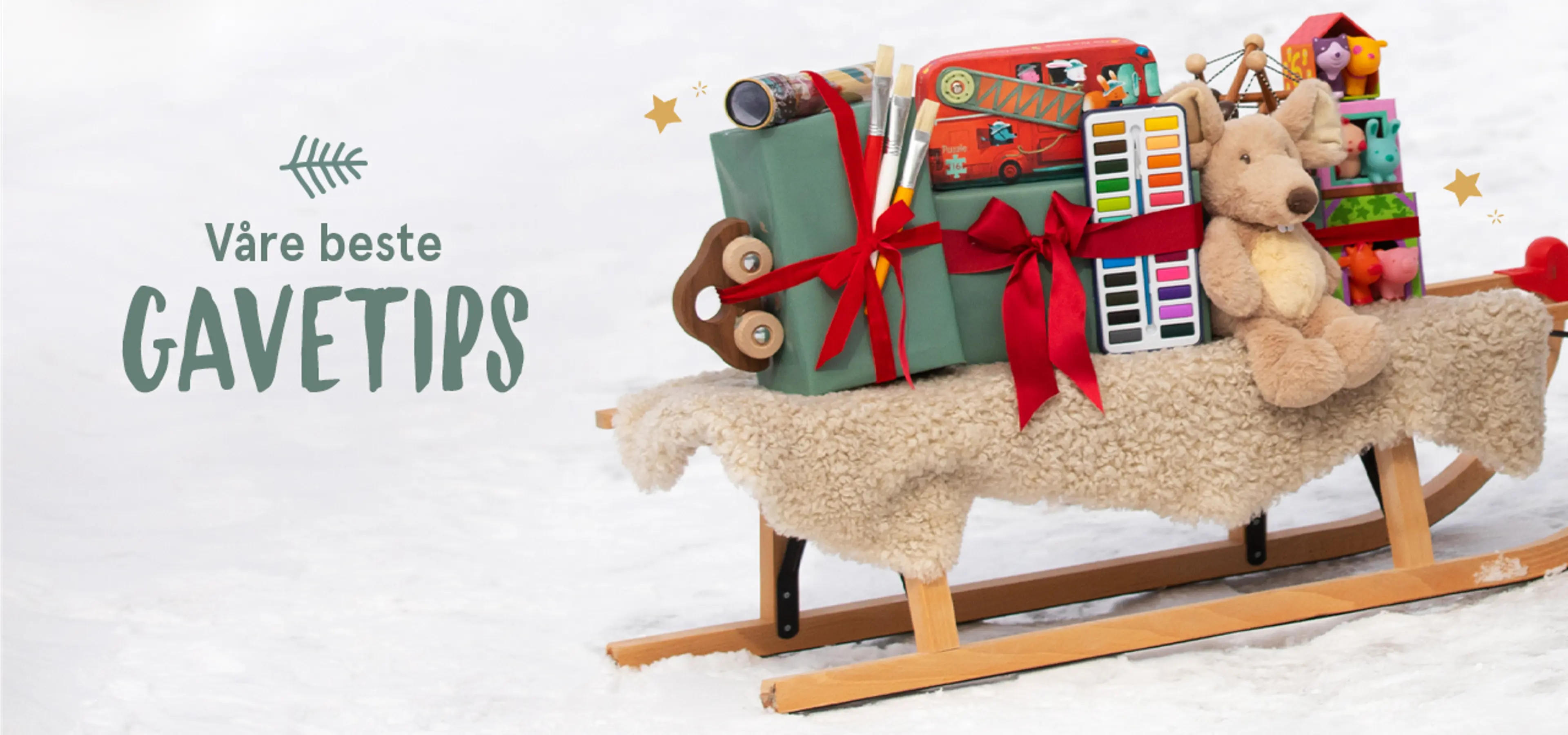 Våre beste gavetips. Fotografi av en slede med julegaver fra Sprell.