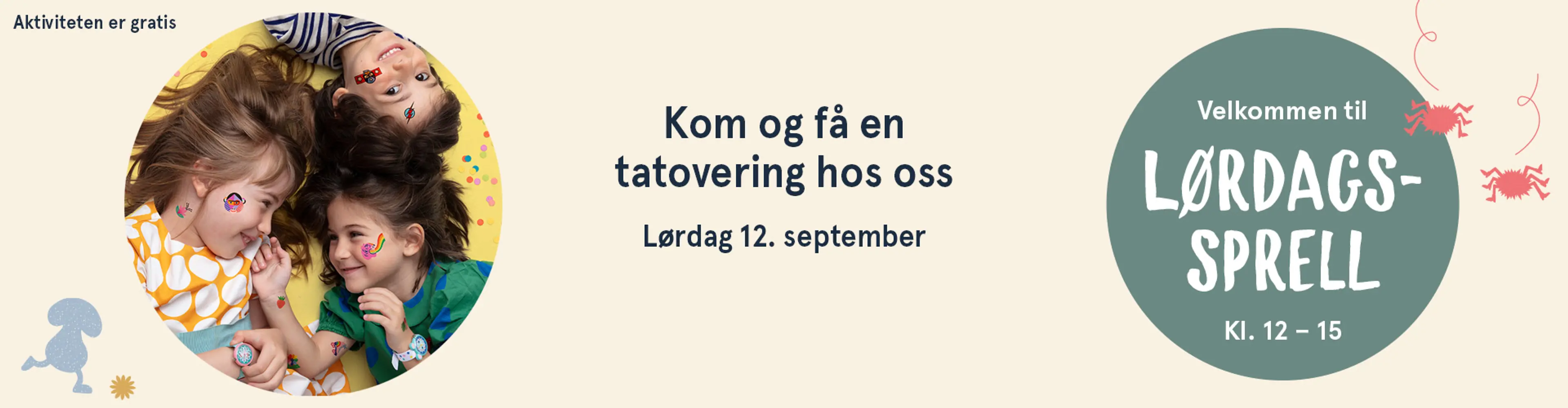 Velkommen til Lørdagssprell! Aktiviteten er gratis. Illutsrasjon.