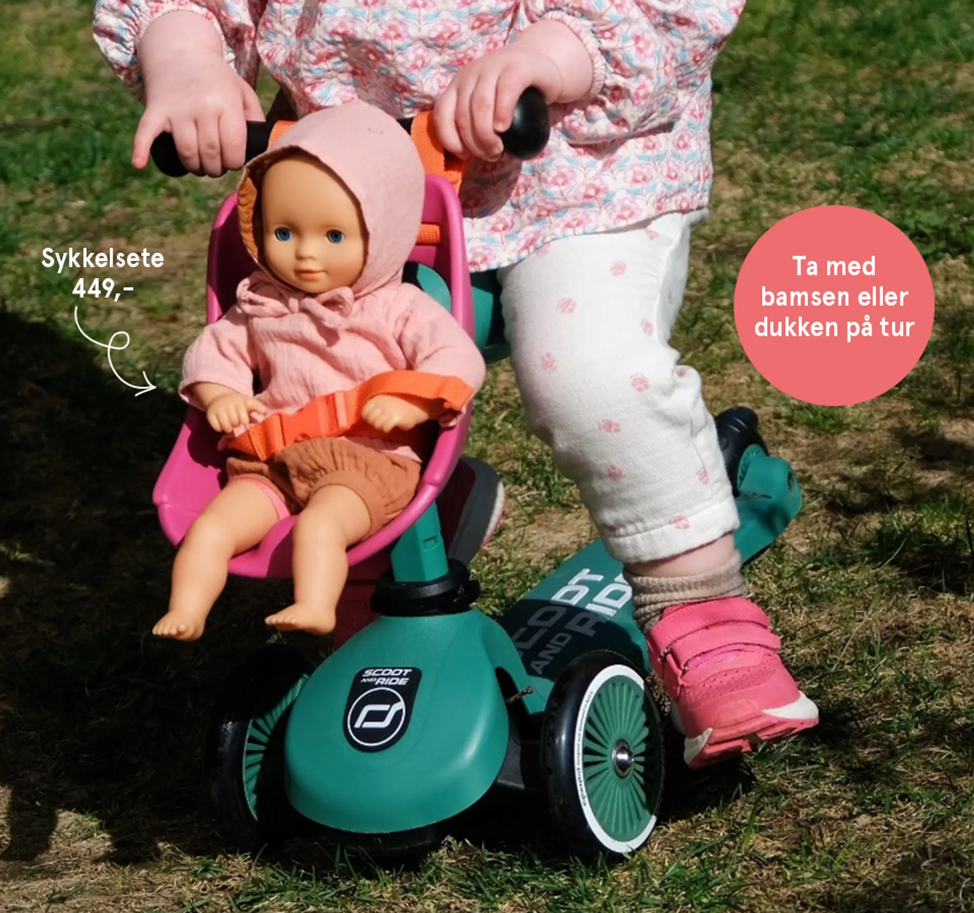 Micro løpe- og sparkesykkel - med magiske lys! Illustrasjon som viser hvordan sykkelen forvandles fra løpesykkel til sparkesykkel.