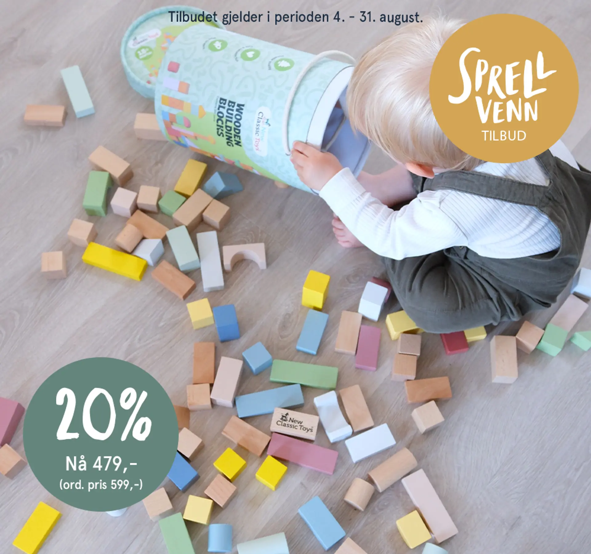 Sprellvenntilbud! Tilbudet gjelder i perioden 4. - 31. august. Fotografi av barn som leker med byggeklossene.