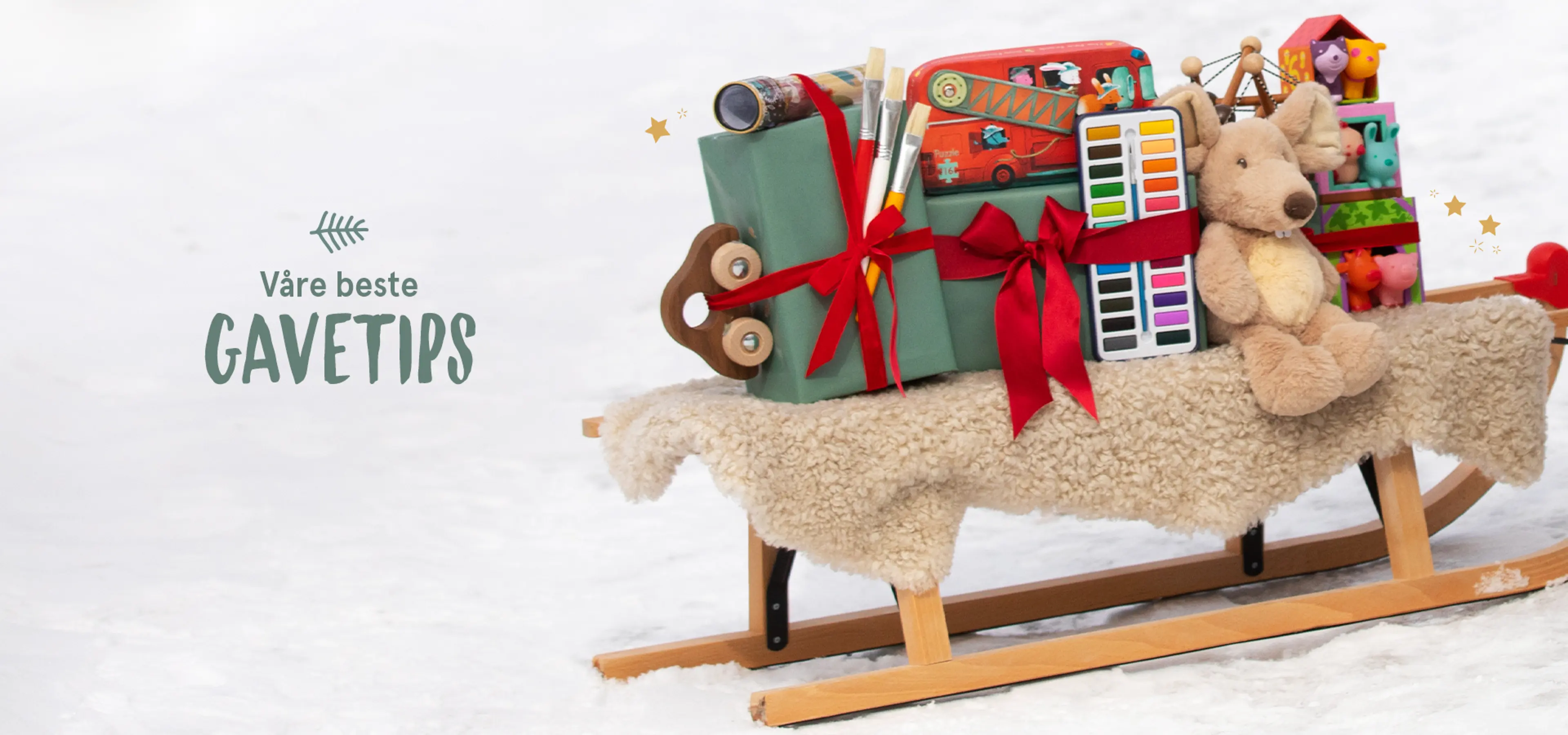 Våre beste gavetips! Fotografi av slede med julegaver fra Sprell.