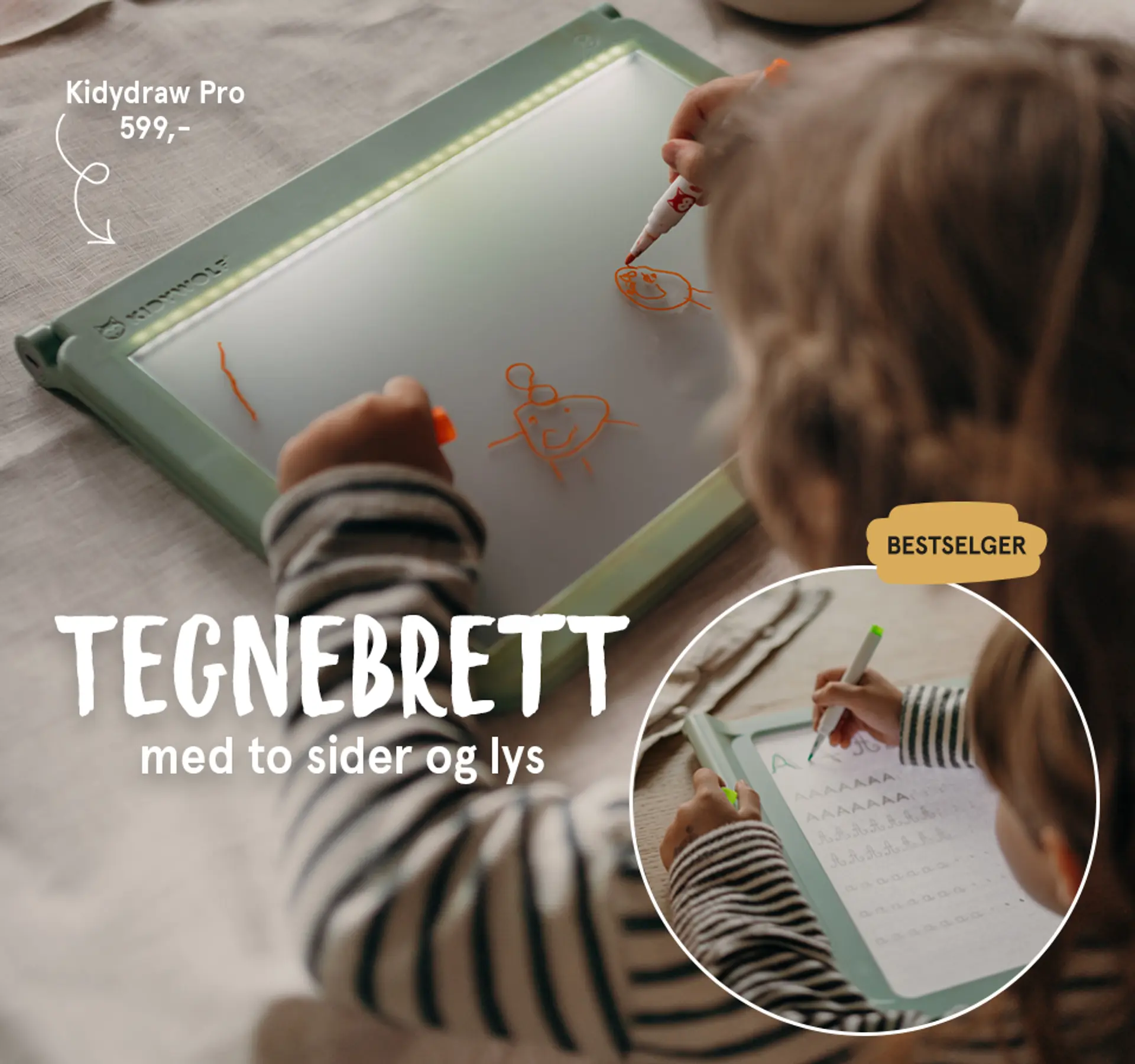 Gavetips: Kidydraw Pro tegnebrett med to sider og lys - bestselger! Fotografi av barn som tegner på tegnebrettet