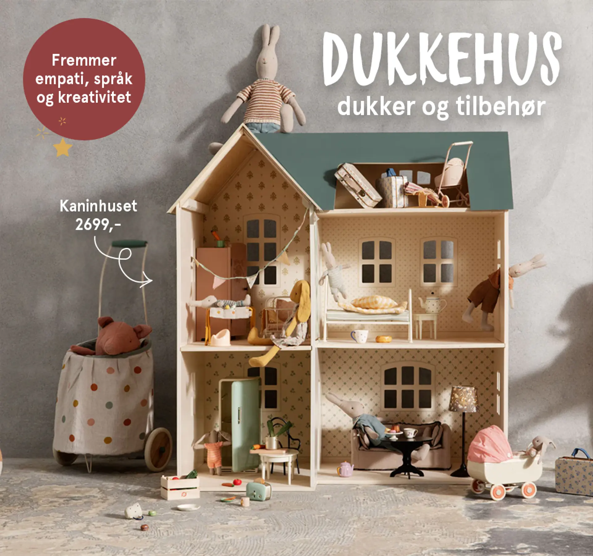 Dukkehus, drukker og tilbehør: Fremmer empati, språk og kreativitet. Fotografi av kaninhuset fra Maileg