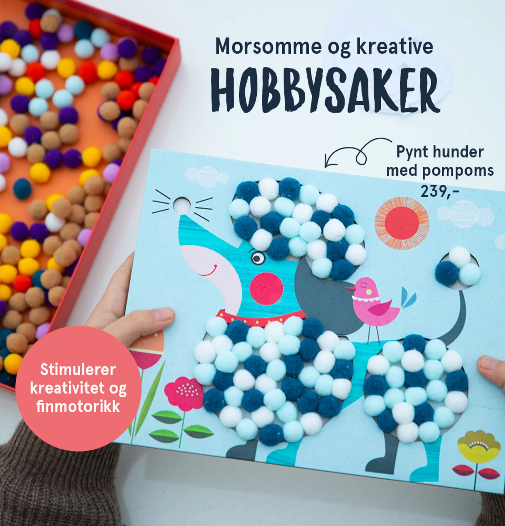 Morsomme og kreative hobbysaker. Stimulerer kreativitet og finmotorikk. Fotografi av hobbysettet "pynt hunder med pompoms" 239,-