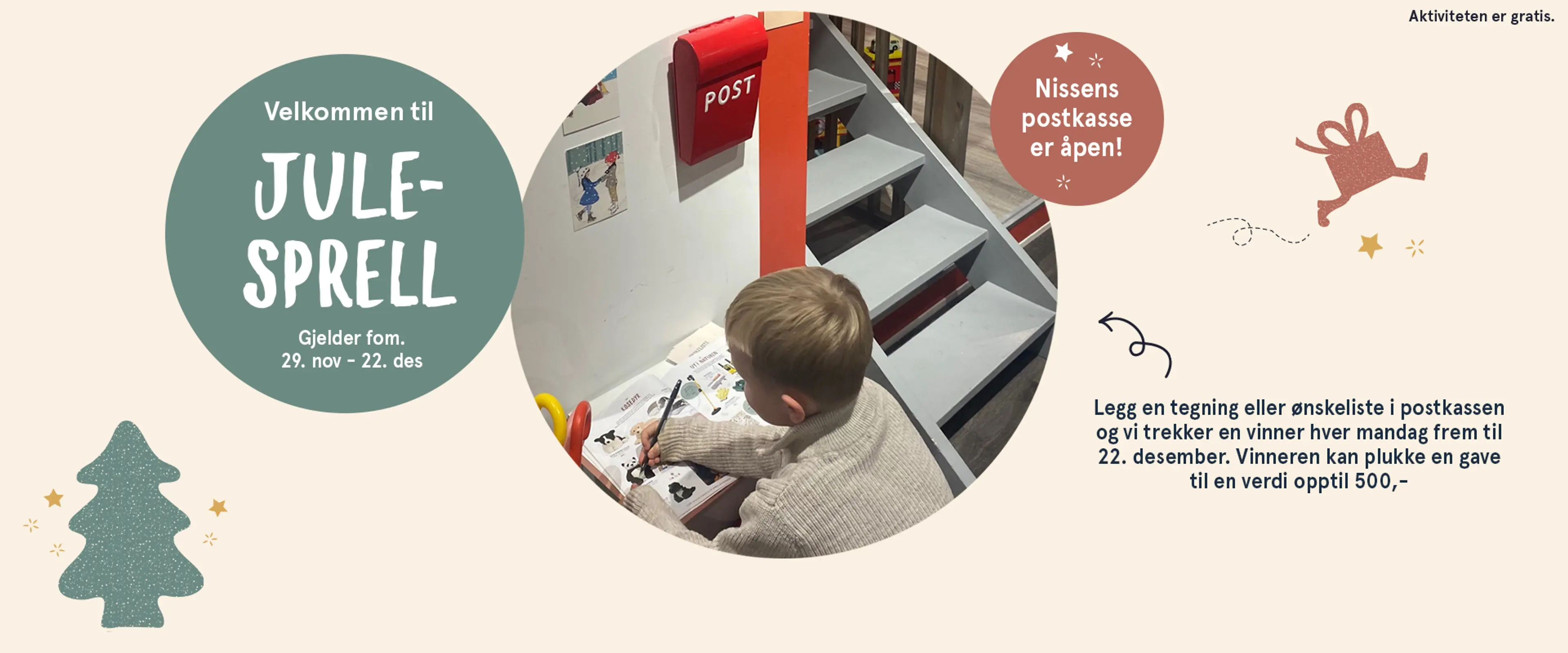 Velkommen til Julesprell - gjelder 29. nov - 22. des. Nissens postkasse er åpen! Legg en tegning eller ønskeliste i postkassen og vi trekker en vinner hver mandag frem til 22. desember. Vinneren kan plukke en gave til en verdi opptil 500kr. Aktiviteten er gratis. Illustrasjon.