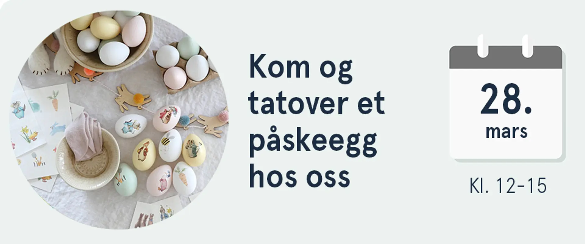 Kom og tatover et påskeegg hos oss 28. mars, kl. 12-15. Illustrasjon
