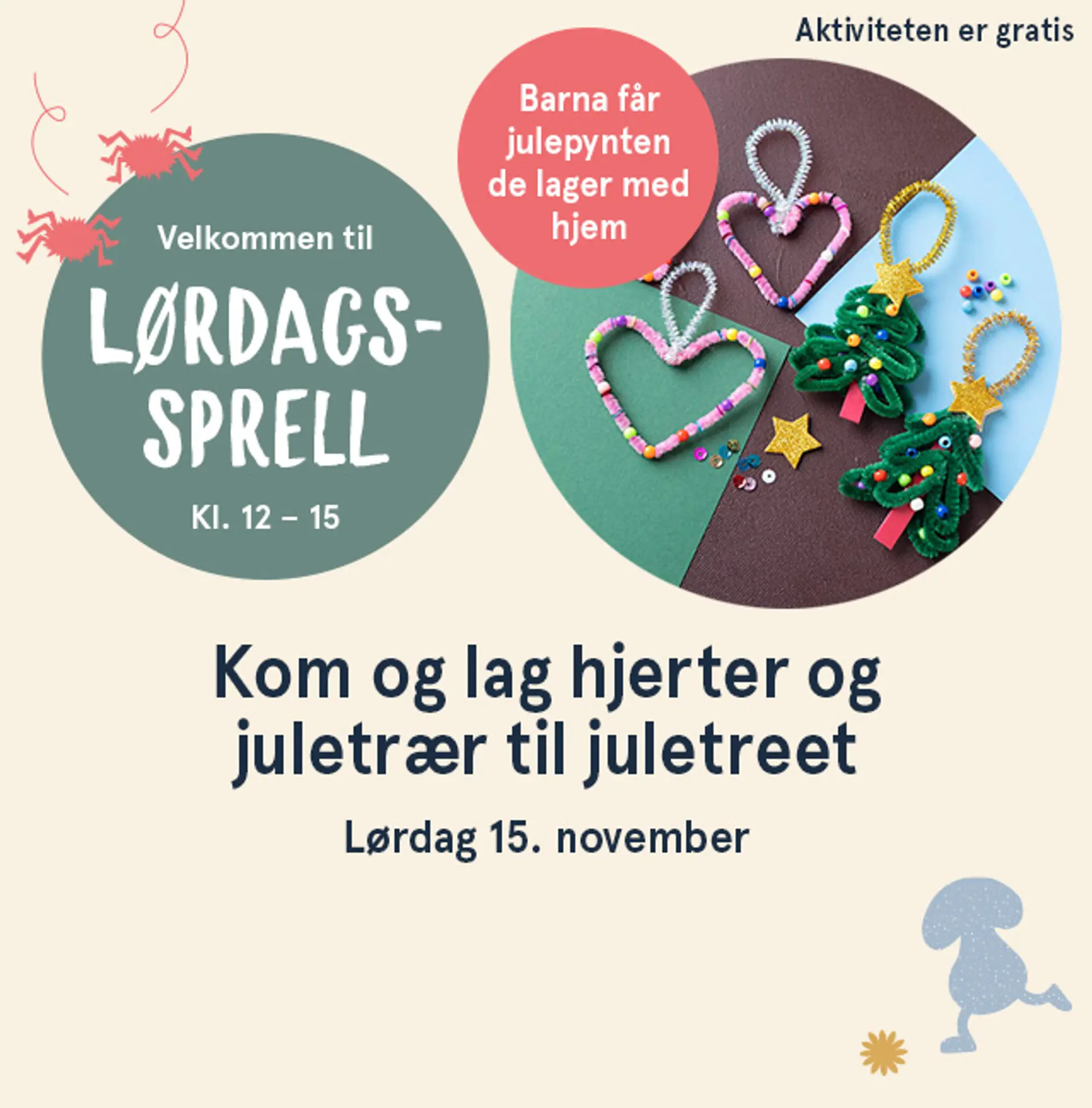 Velkommen til Lørdagssprell i alle butikkene på lørdag kl. 12- 15. Illustrasjon med informasjon.