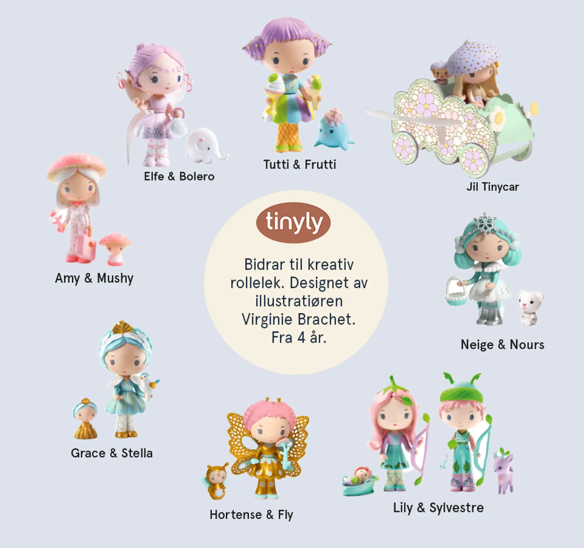 Tinyly bidrar til kreativ rollelek. Designet av illustratøren Virgine Brachet. Fra 4 år. Illustrasjon.