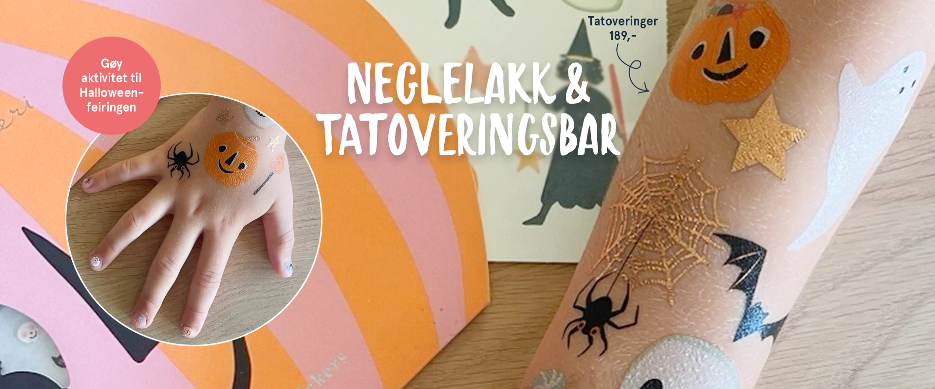 Gøy aktivitet til Halloween-feringen: Neglelakk og tatoveringsbar. Fotografi av barnehånd med tatoveringer og neglelakk.