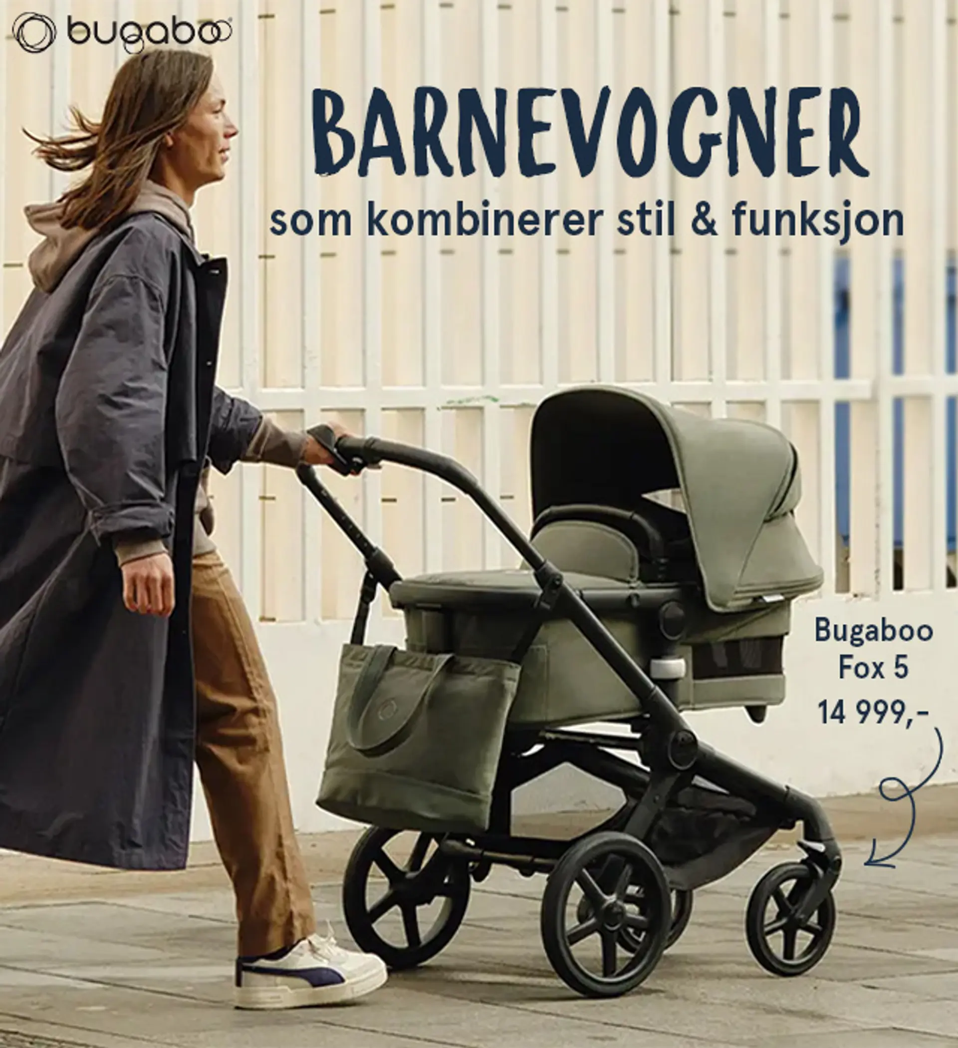 "Barnevogner som kombinerer stil & funksjon" Mann gående med en Bugaboo Fox 5 vogn, 14 999 kr