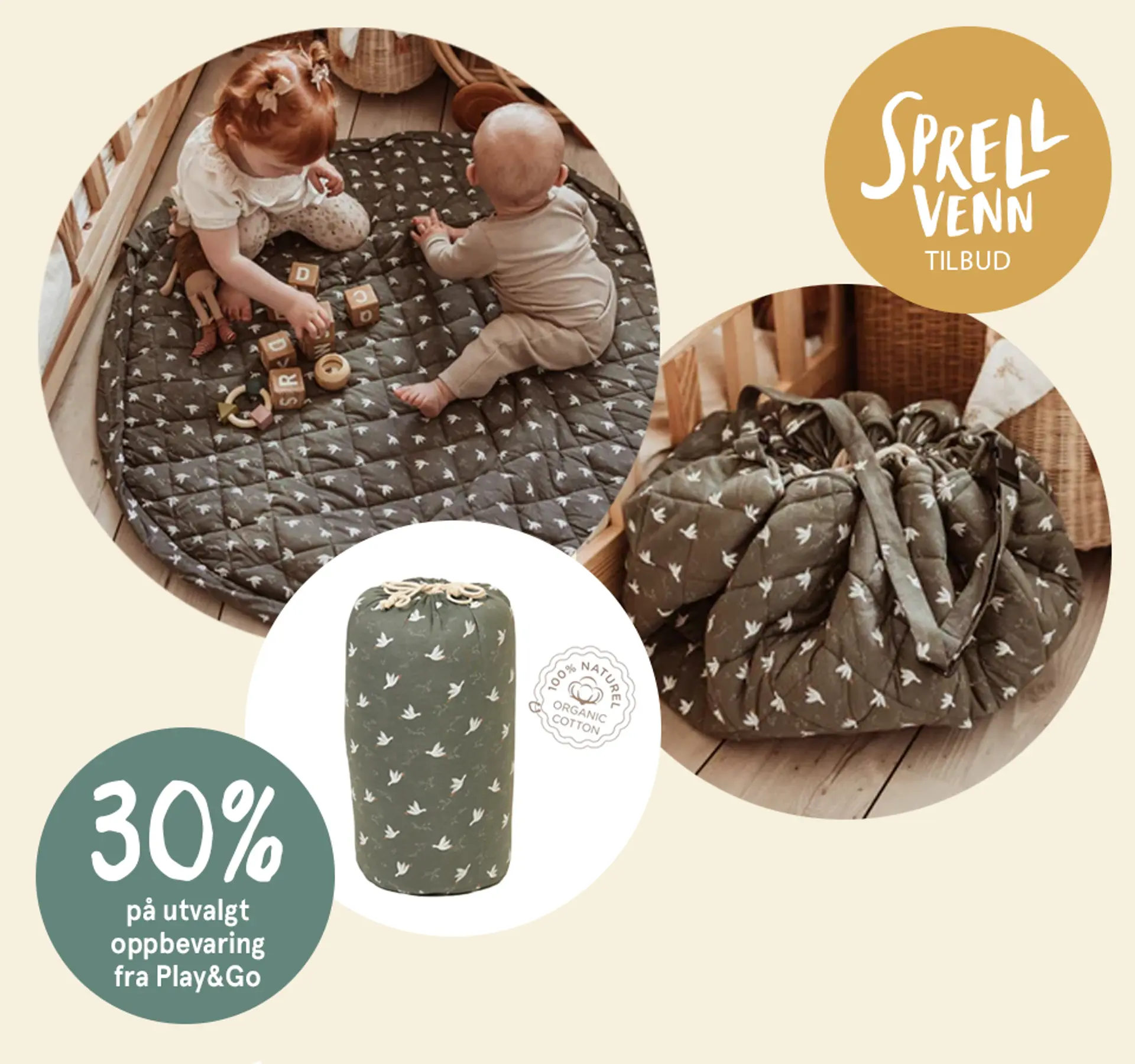 Sprellvenntilbud! 30% på utvalgt oppbevaring fra Play&Go. Illustrasjon.