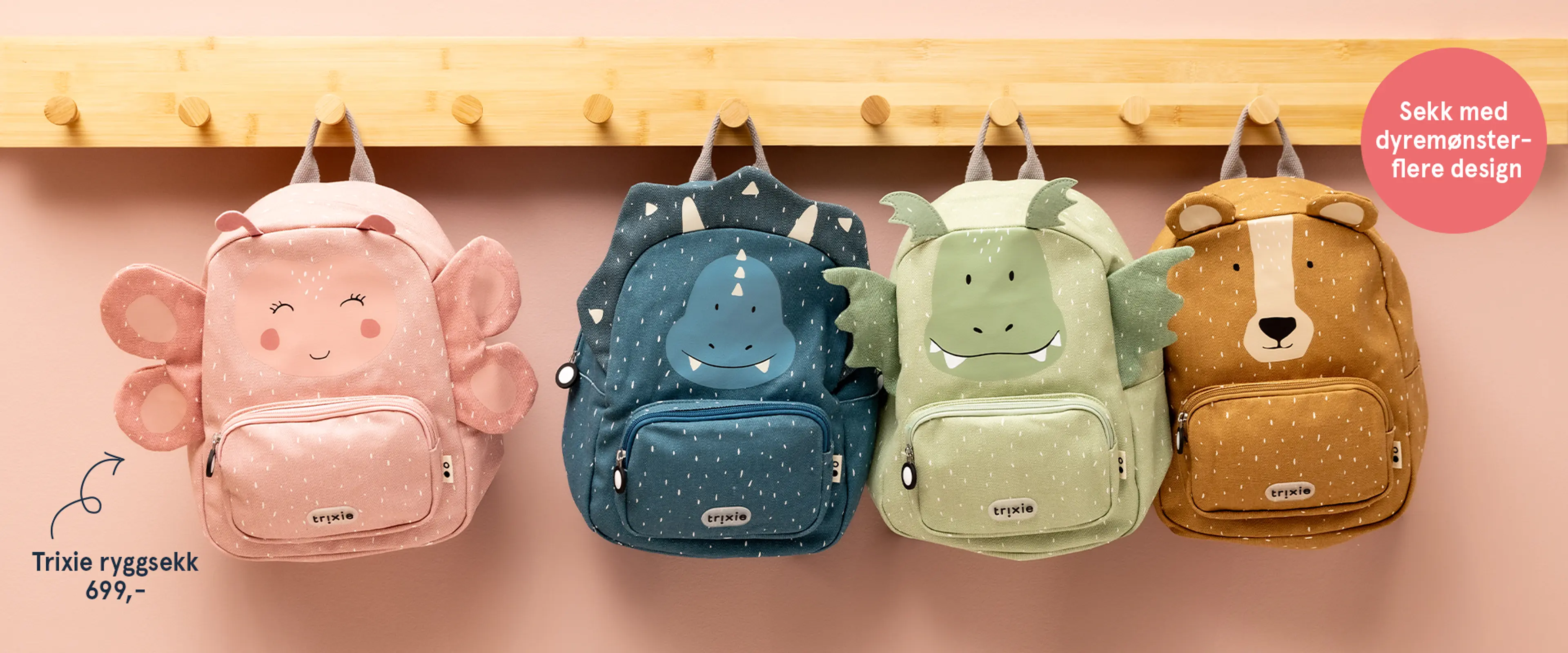Fotografi av Trixie ryggsekker. Sekk med dyremønster - flere design.