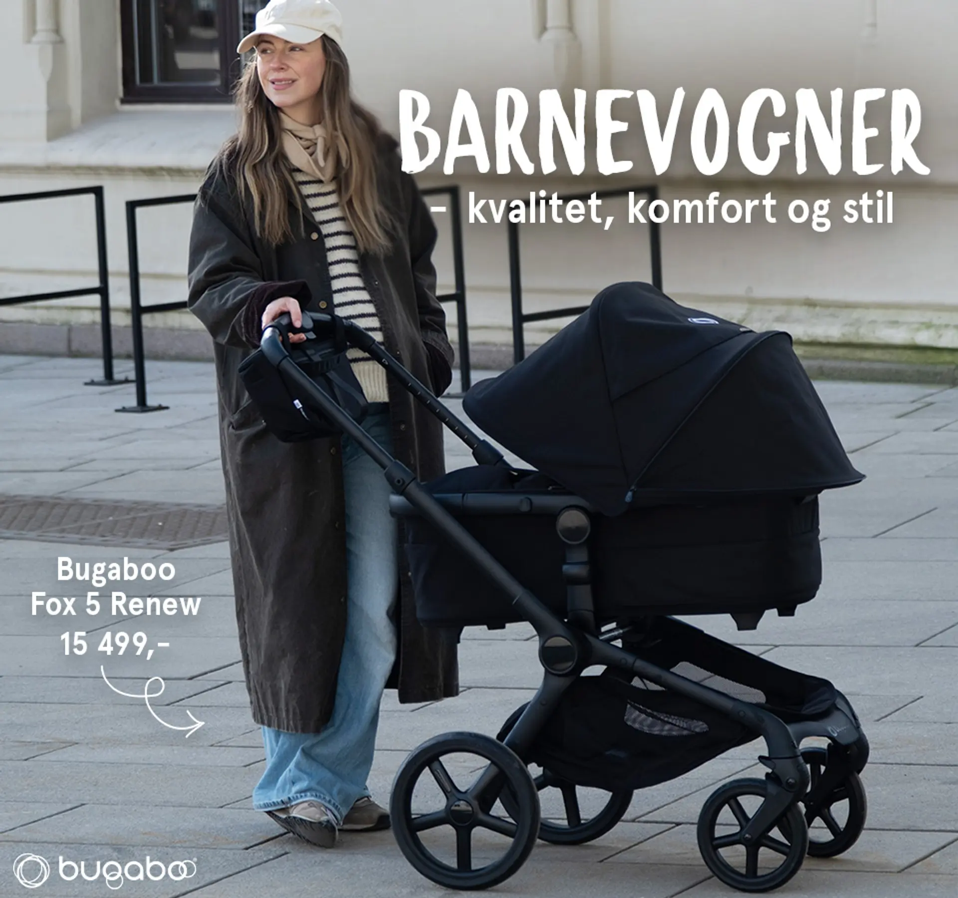 Barnevogner - kvalitet, komfort og stil. Fotografi av dame gående med Bugaboo Fox 5 Renew 15 499kr.