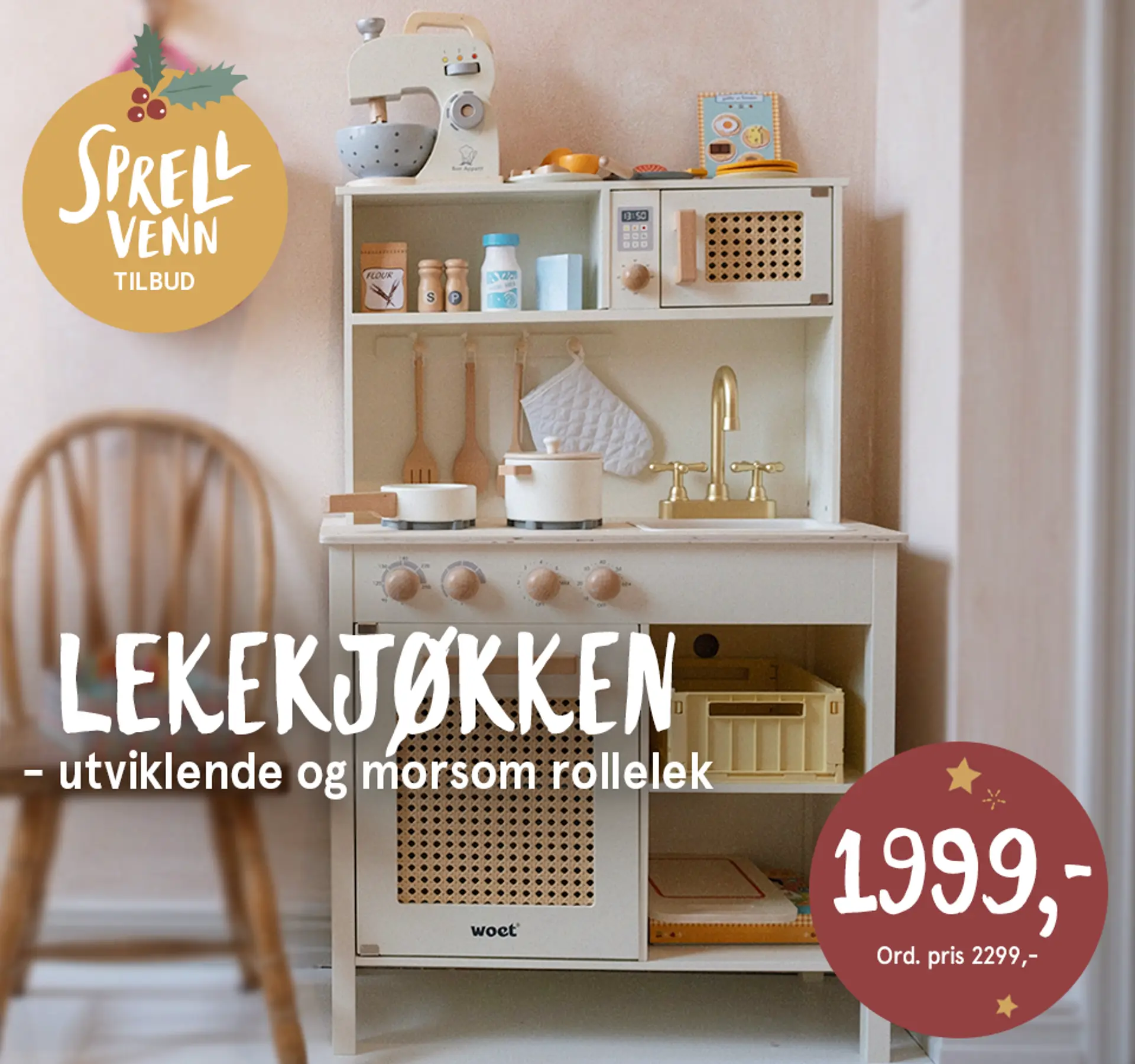 Sprellvenntilbud! Lekekjøkken - morsom rollelek. Gavetips fra 3 år. Fotografi av lekekjøkkenet.