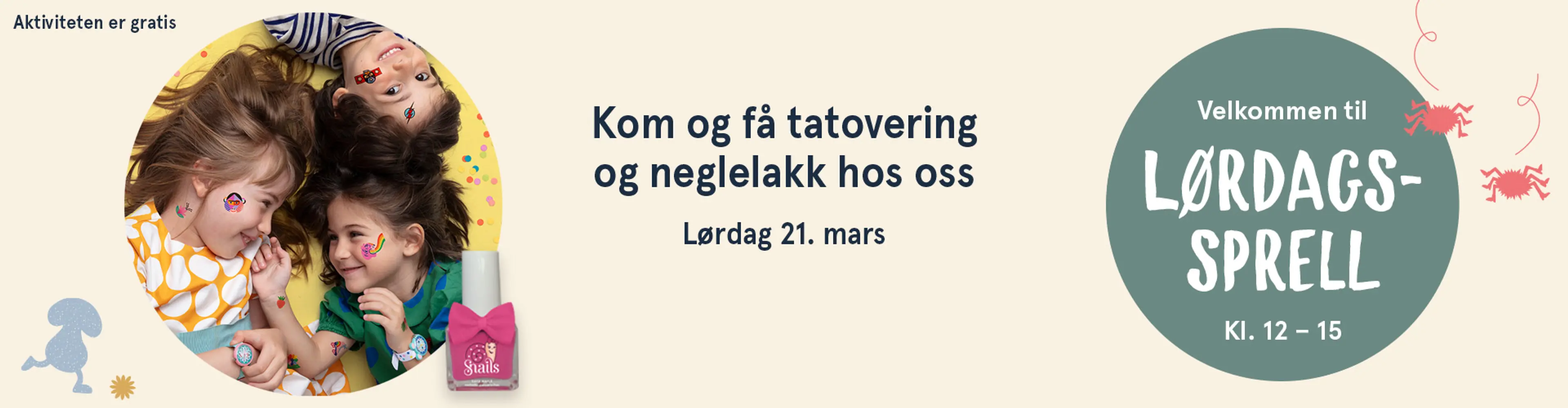 Velkommen til Lørdagssprell! Aktiviteten er gratis. Illutsrasjon.