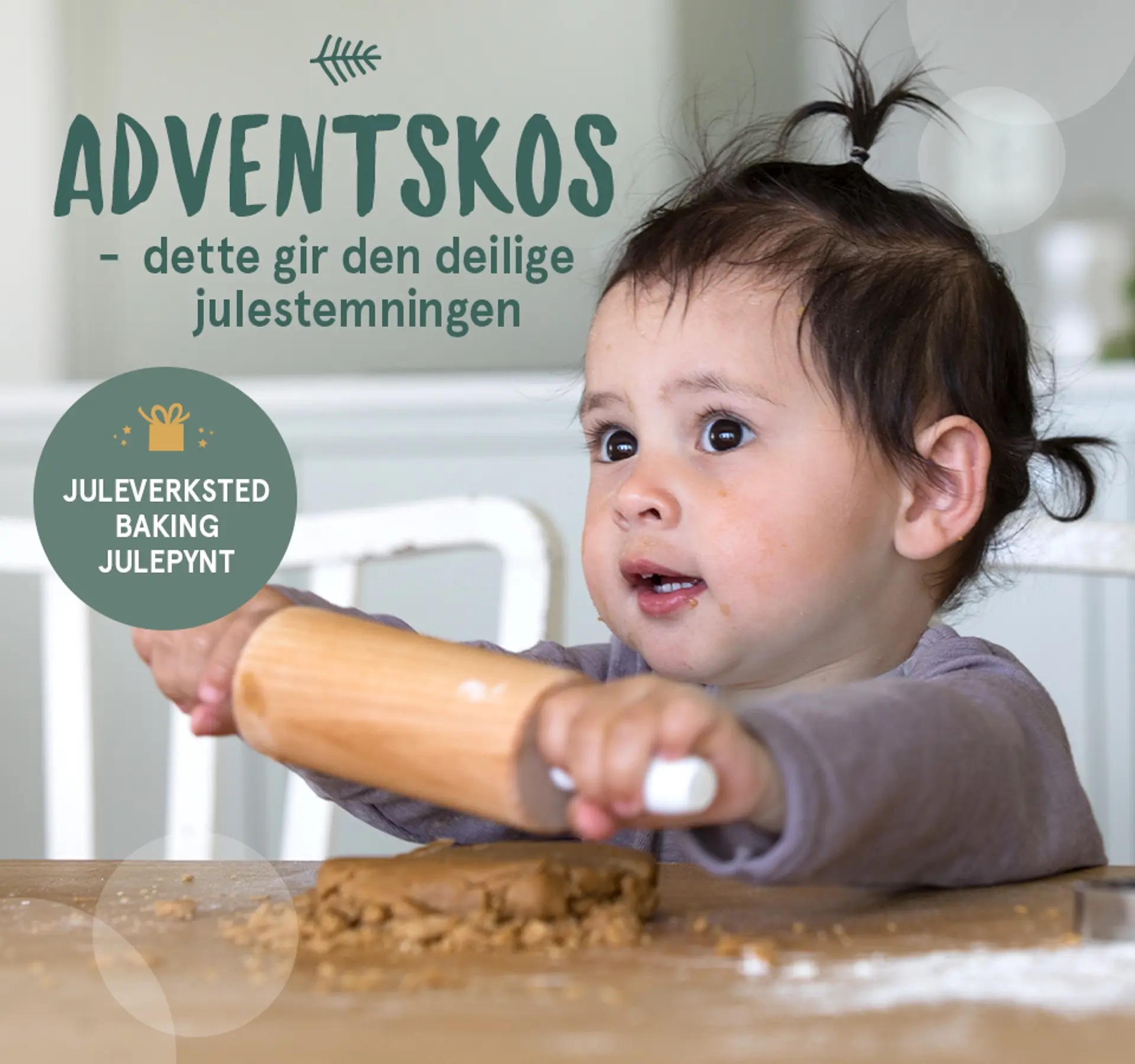 Adventskos - dette gir den deilige julestemningen. Juleverksted, baking og julepynt. Fotografi av barn som baker.