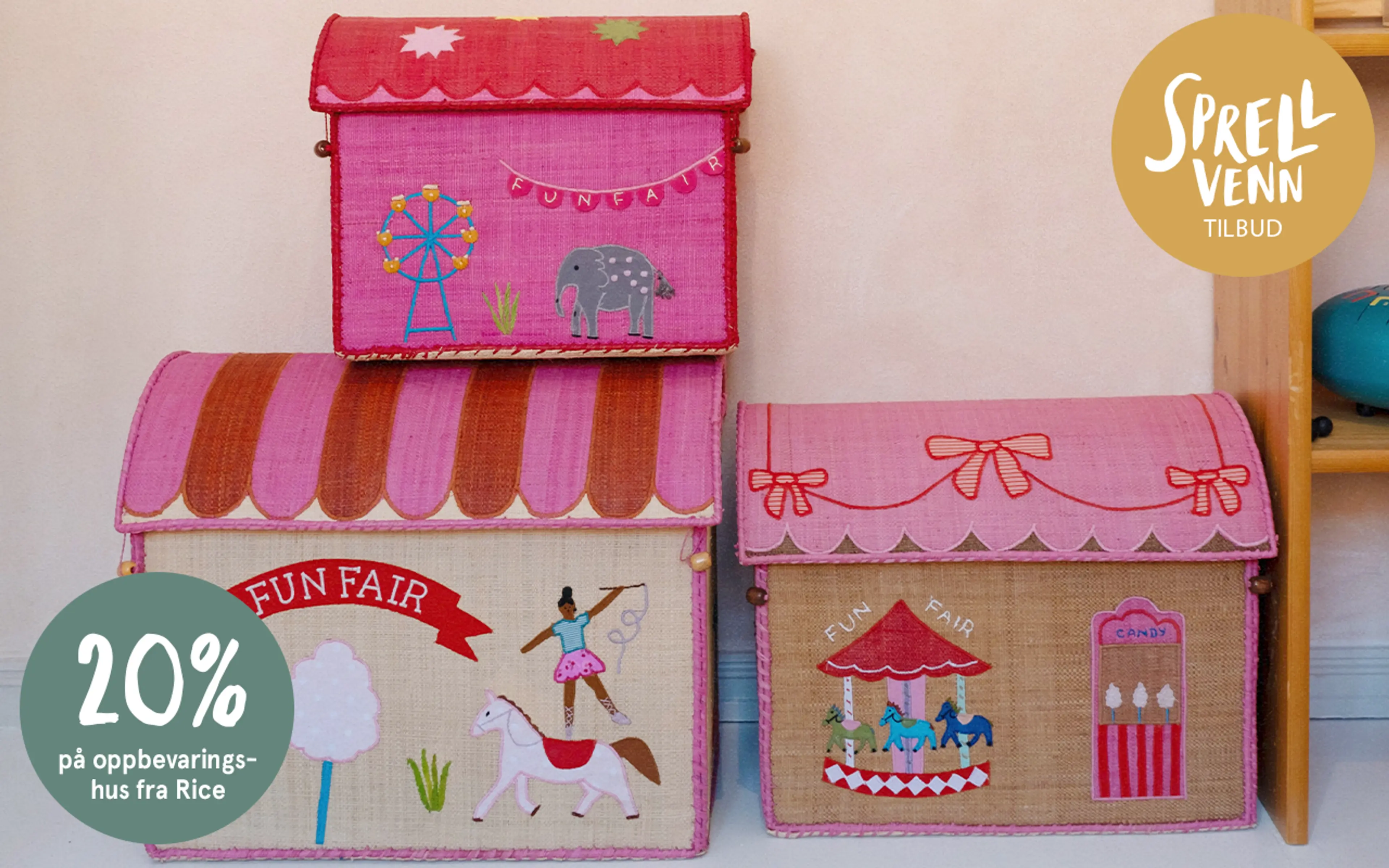 Sprellvenntilbud! 20% på oppbevaringshus fra Rice. Tilbudet varer fra 2. januar - 1. februar 2026. Fotografi av Rice oppbevaringshus i ulike design.