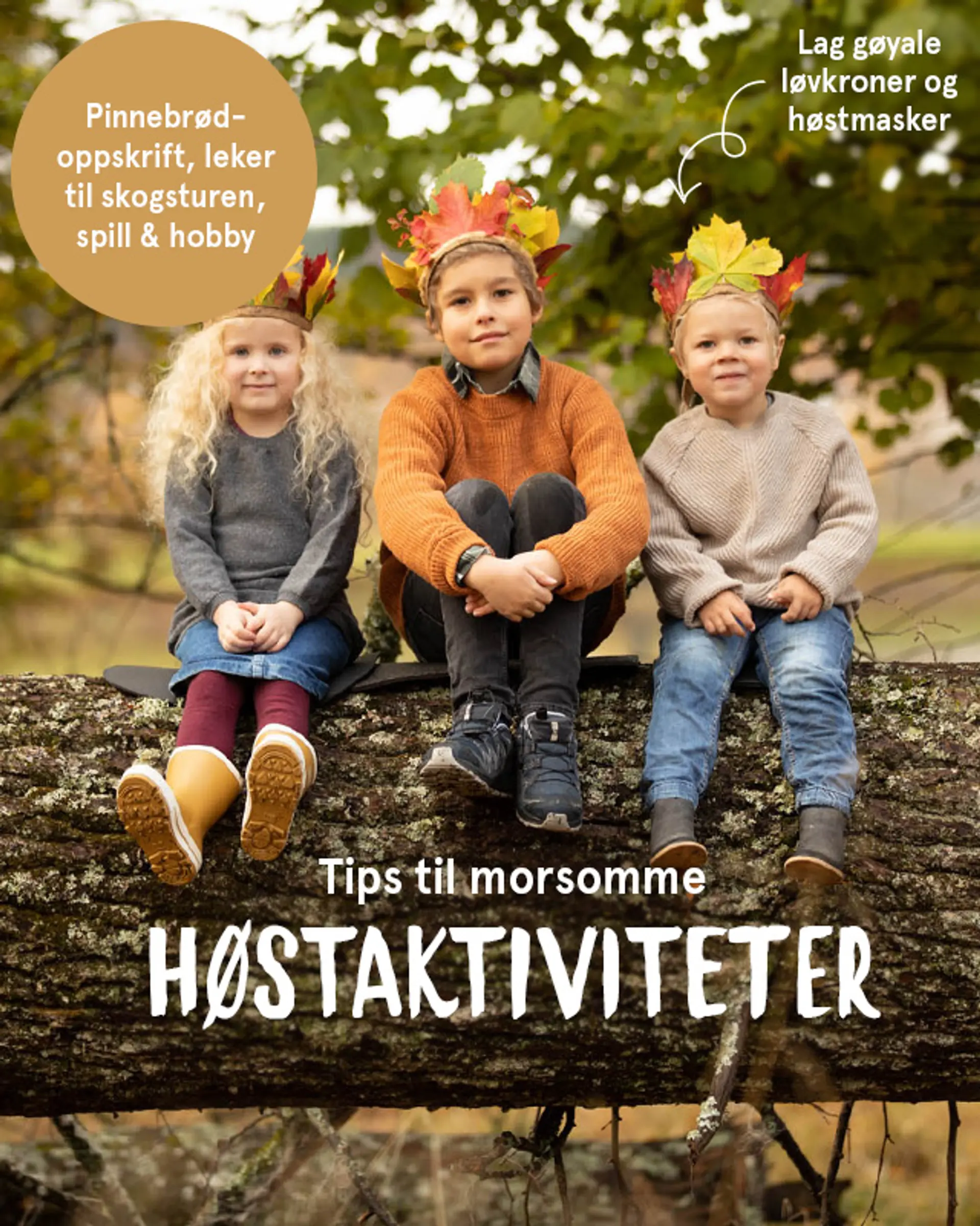 "Tips til morsomme høstaktiviteter - pinnebrødoppskrift, leker til skogsturen, spill & hobby" Tre barn sittende på en trestokk med hver sin hjemmelagde løvkrone.