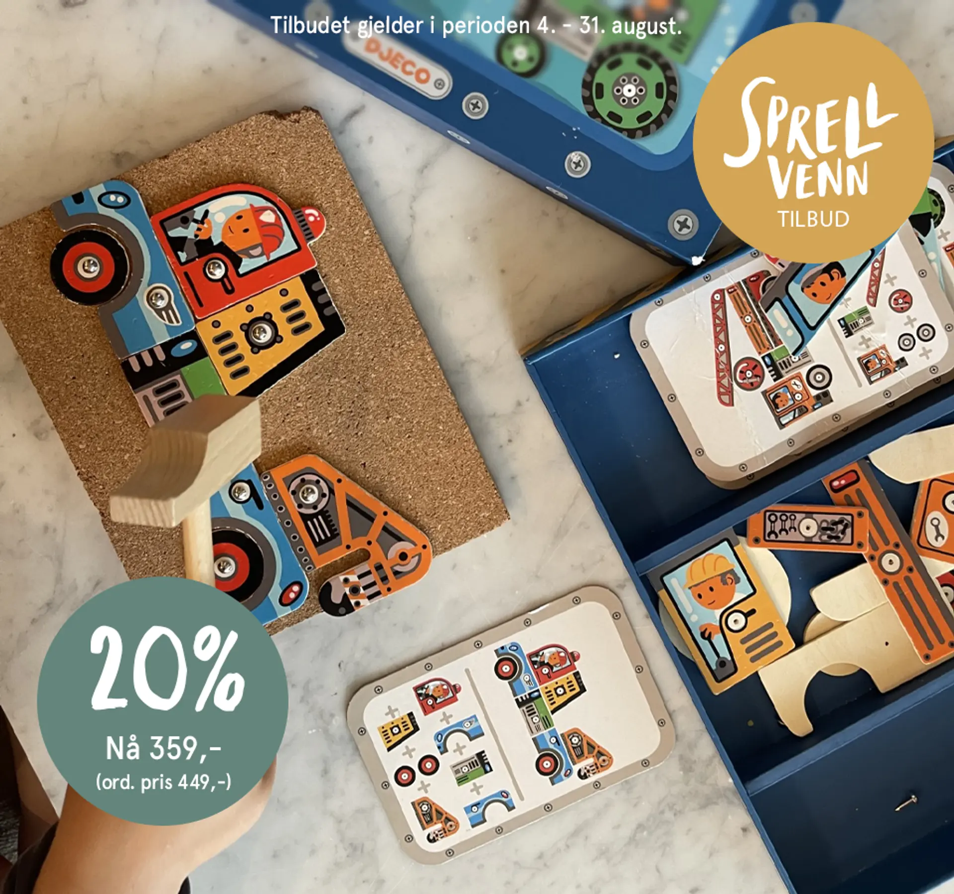 Sprellvenntilbud! Tilbudet gjelder i perioden 4. - 31. august. Fotografi av barn som leker med bankebrettet.