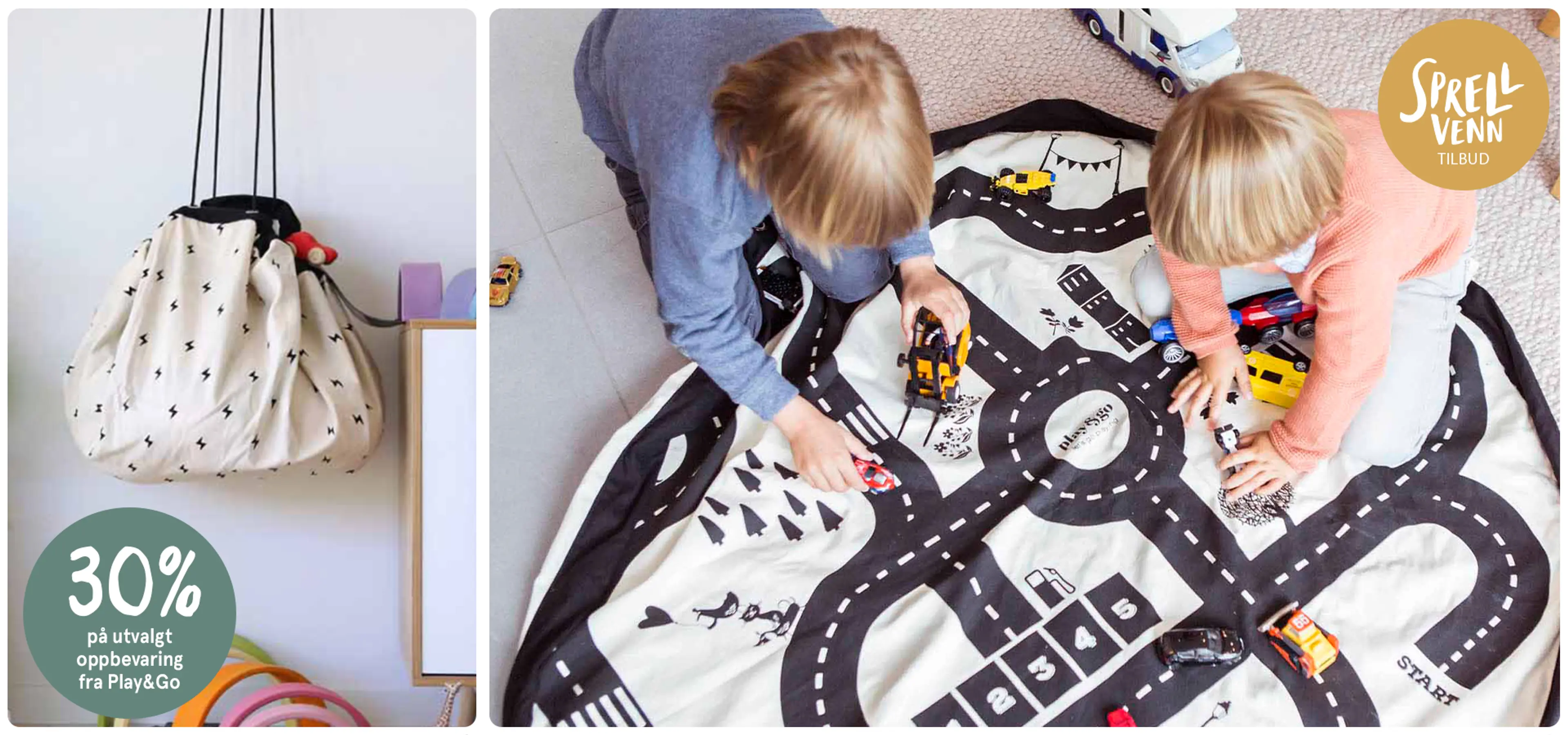 Sprellvenntilbud! 20% på lekematter fra Play&Go. Tilbudet varer fra 2. januar - 1. februar 2026. Fotografi av barn som leker ved lekematten.