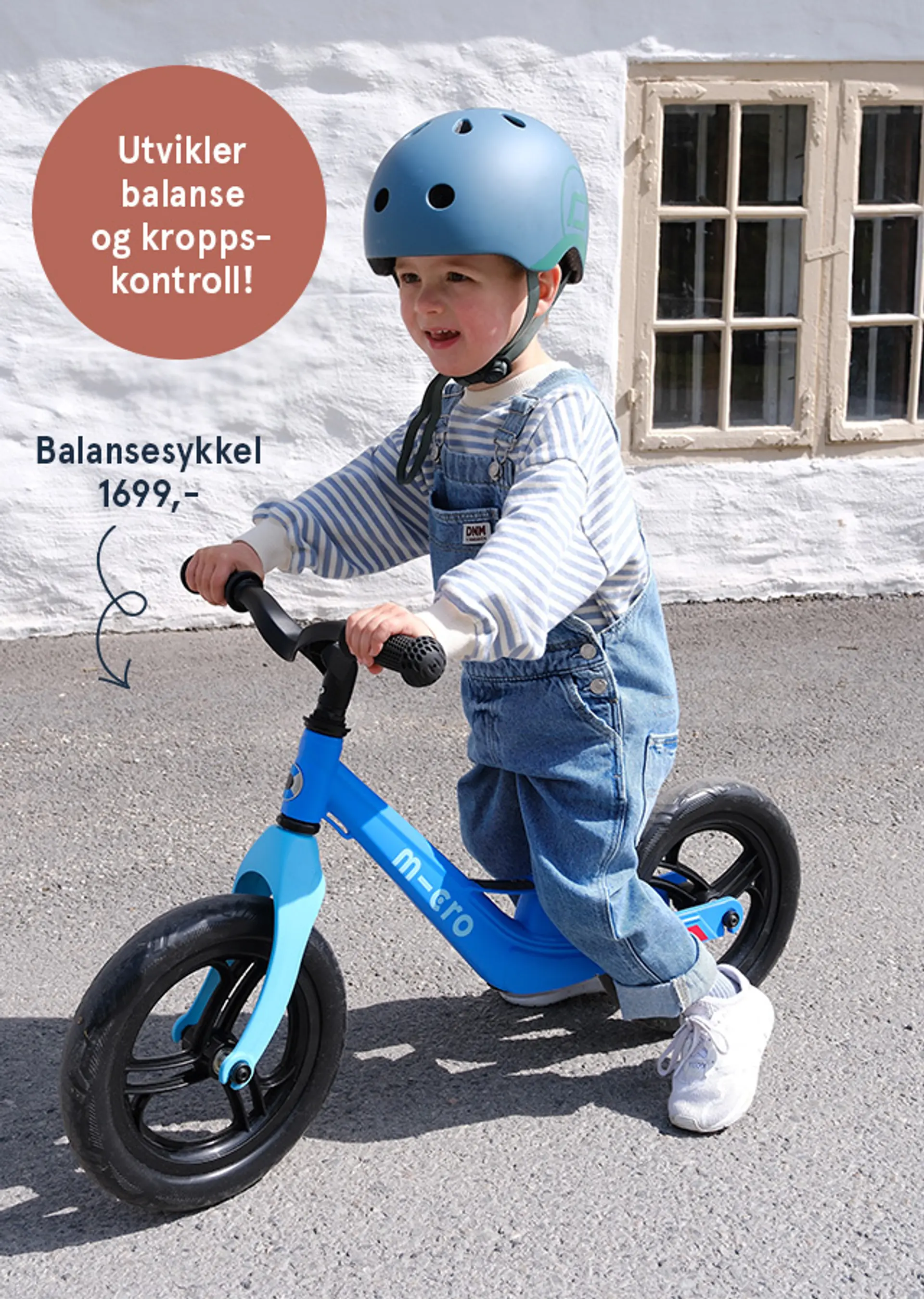 Fotografi av barn på balansesykkel fra Micro. Utvikler balanse og kroppskontroll!