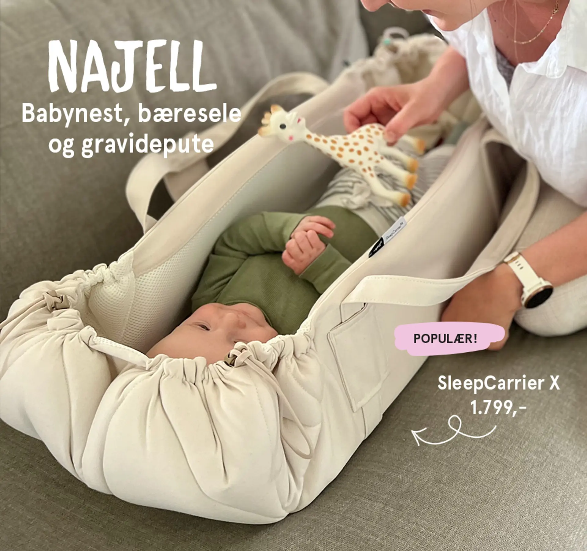 Najell - babynest, bæresele og gravidpute. Fotografi av barn liggende i Najell SleepCarrier X - populær!