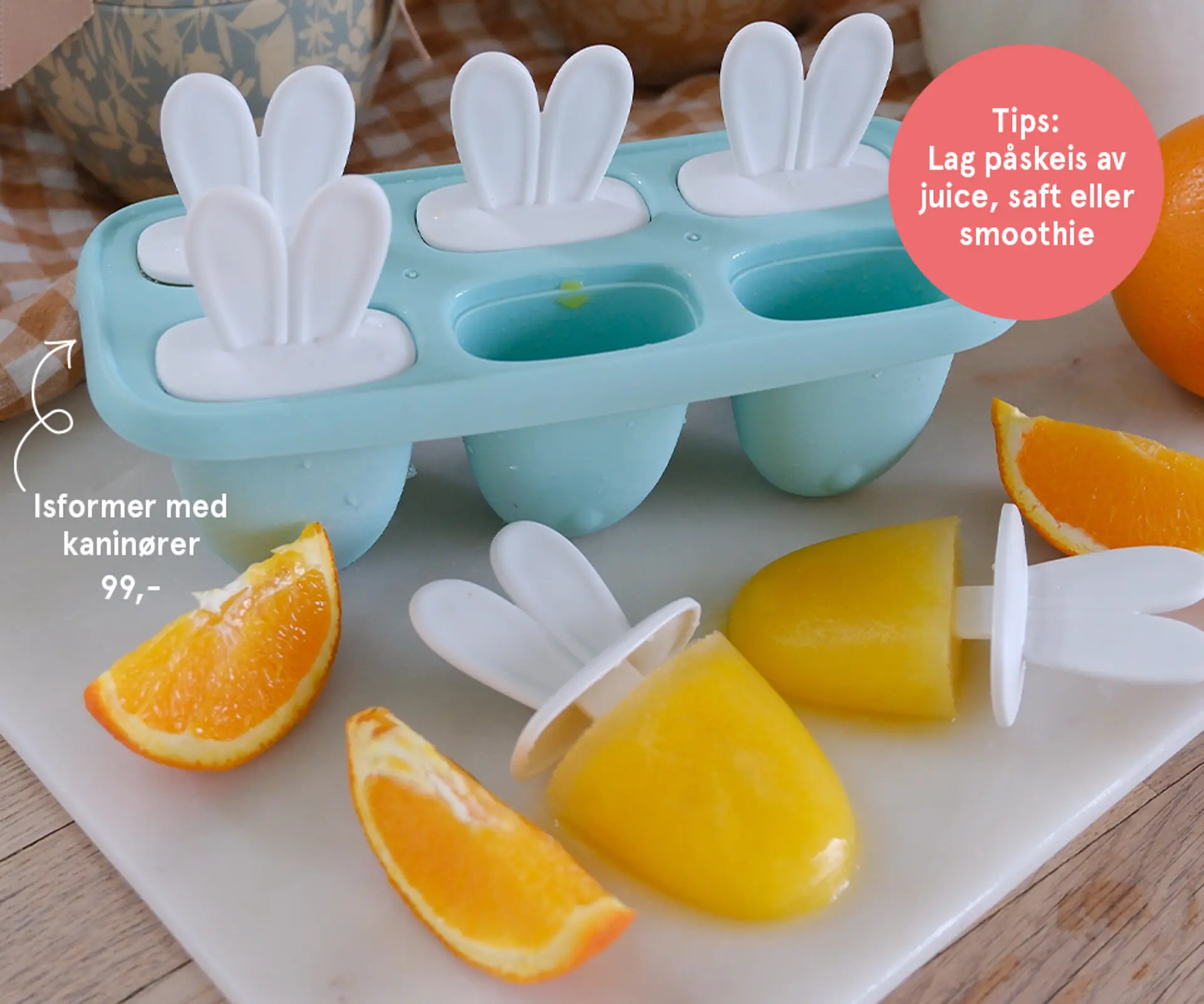 Tips! Lag påskeis av juice, saft eller smoothie. Fotografi av isformer med kaninører.
