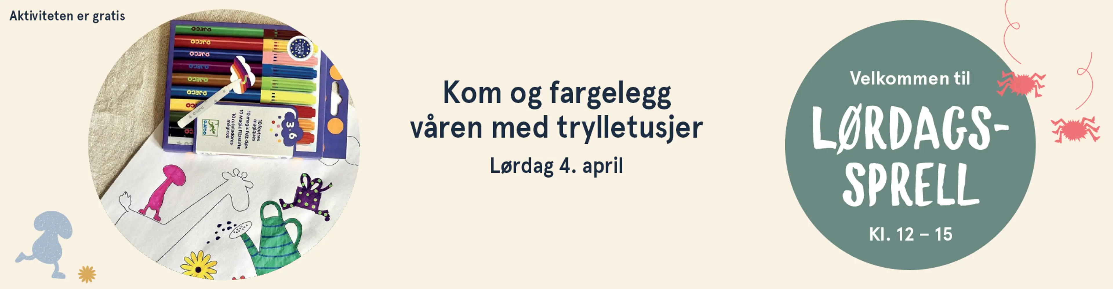 Velkommen til Lørdagssprell! Aktiviteten er gratis. Illutsrasjon.