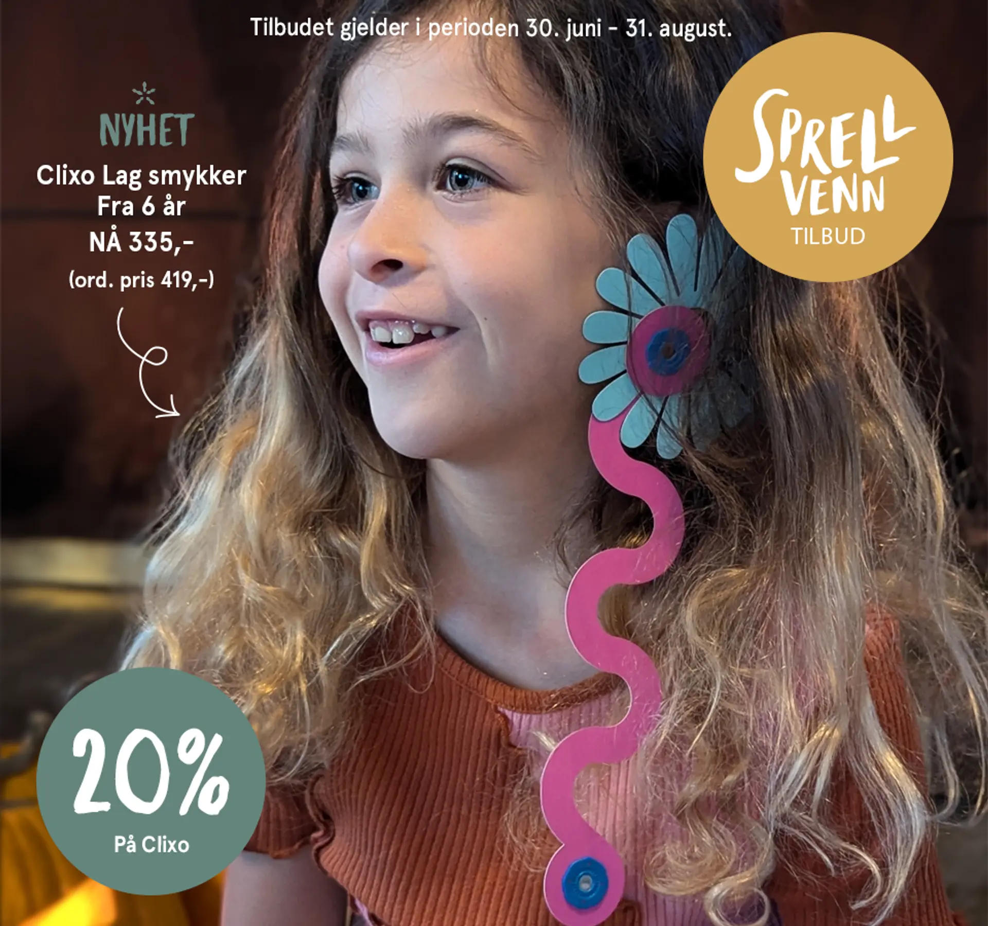 Sprellvenntilbud! 20% på Clixo. Tilbudet som gjelder i perioden 30. juni - 31. august. Fotografi av barn som med Clixo lag smykker - nyhet!