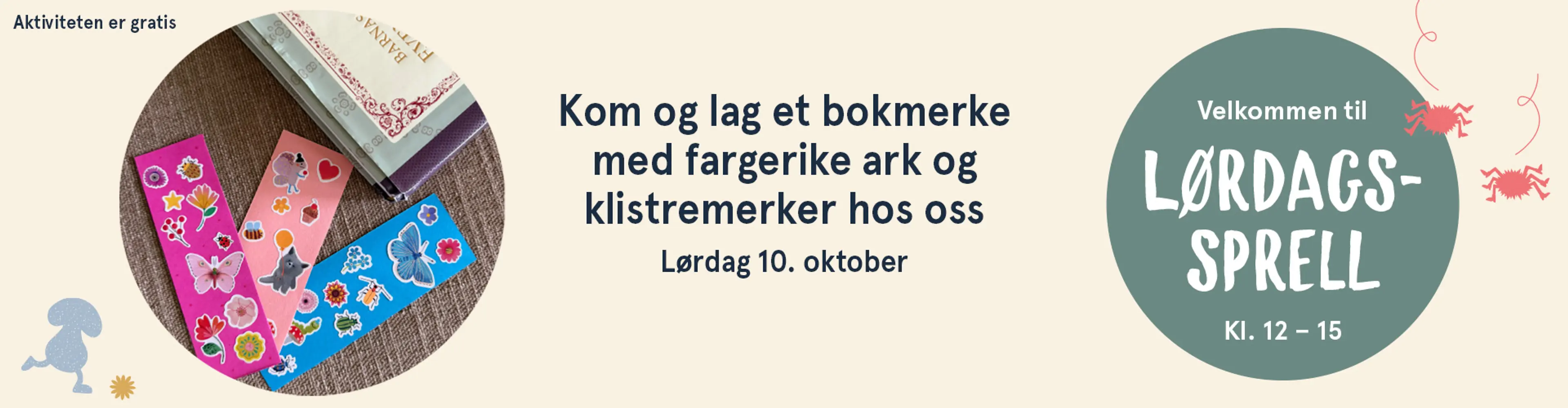 Velkommen til Lørdagssprell! Aktiviteten er gratis. Illutsrasjon.