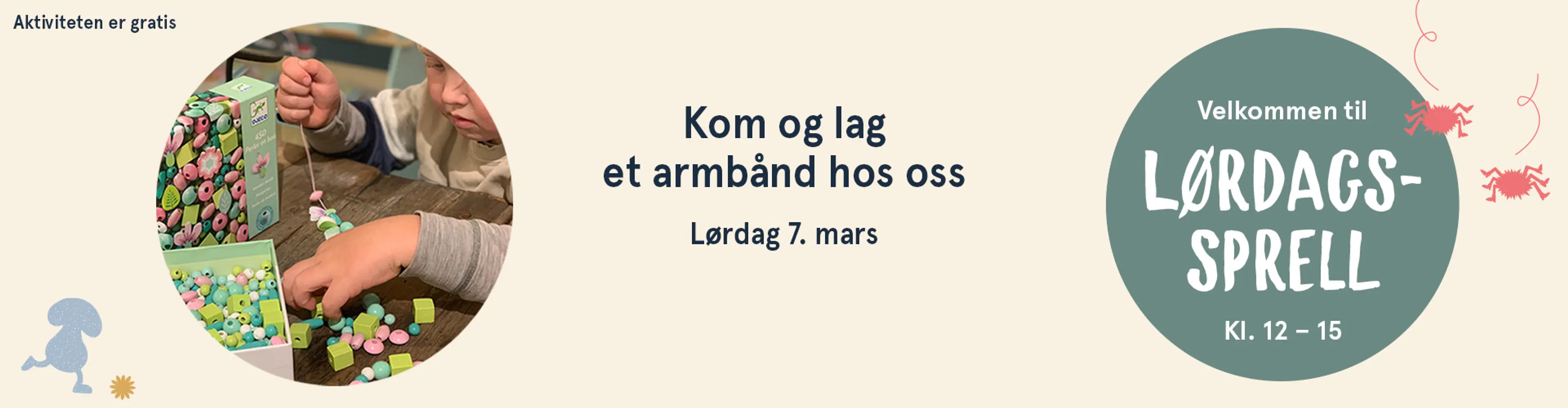 Velkommen til Lørdagssprell! Aktiviteten er gratis. Illutsrasjon.