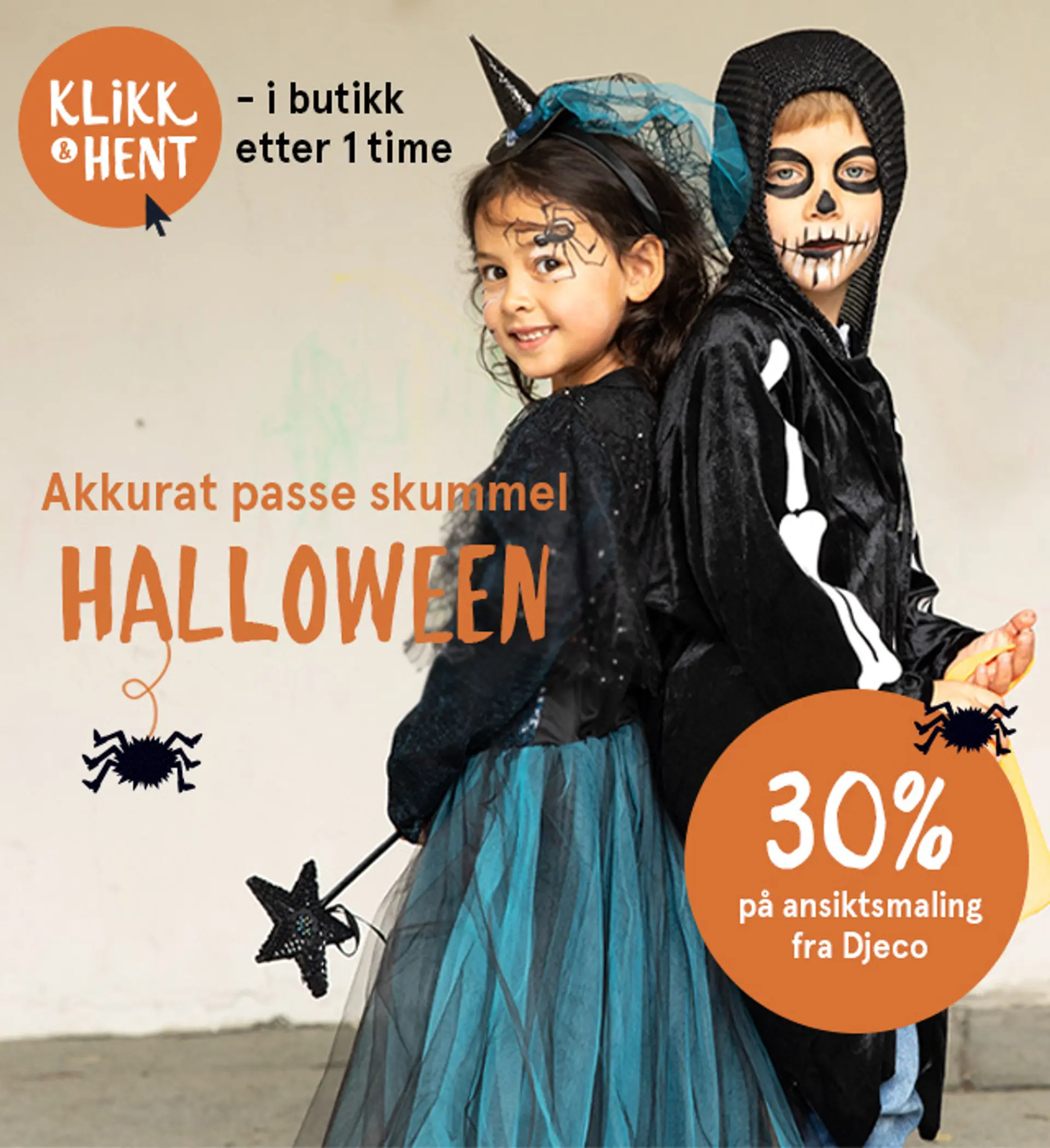 "Akkurat passe skummel Halloween". Barn i Halloweenkostymer, heks og skjelett - 30% på ansiktsmaling fra Djeco