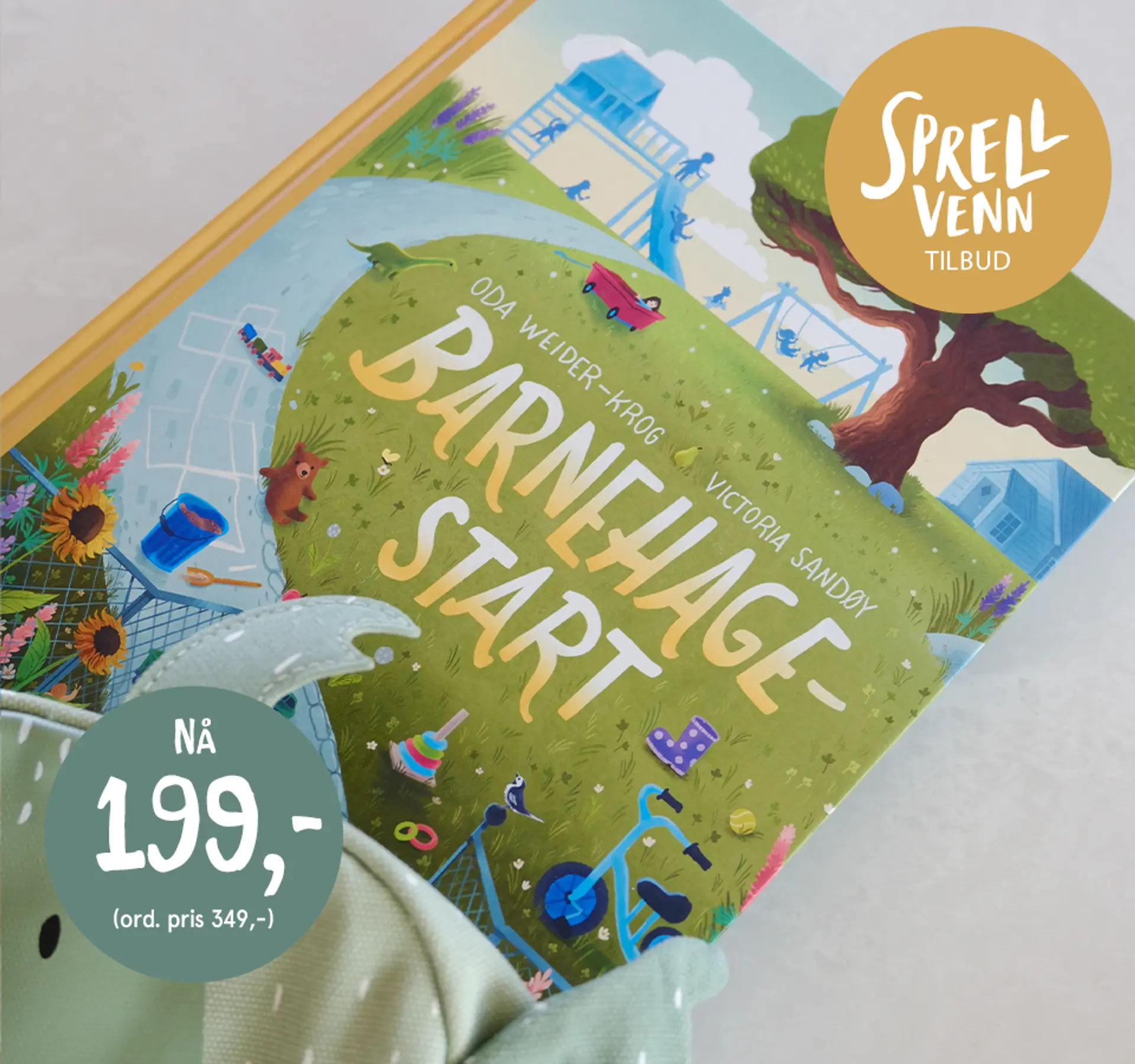 Sprellvenntilbud! Bok: Barnehagestart. Tilbudet gjelder i perioden 2. juni - 31. august 2025. Fotografi av boken.