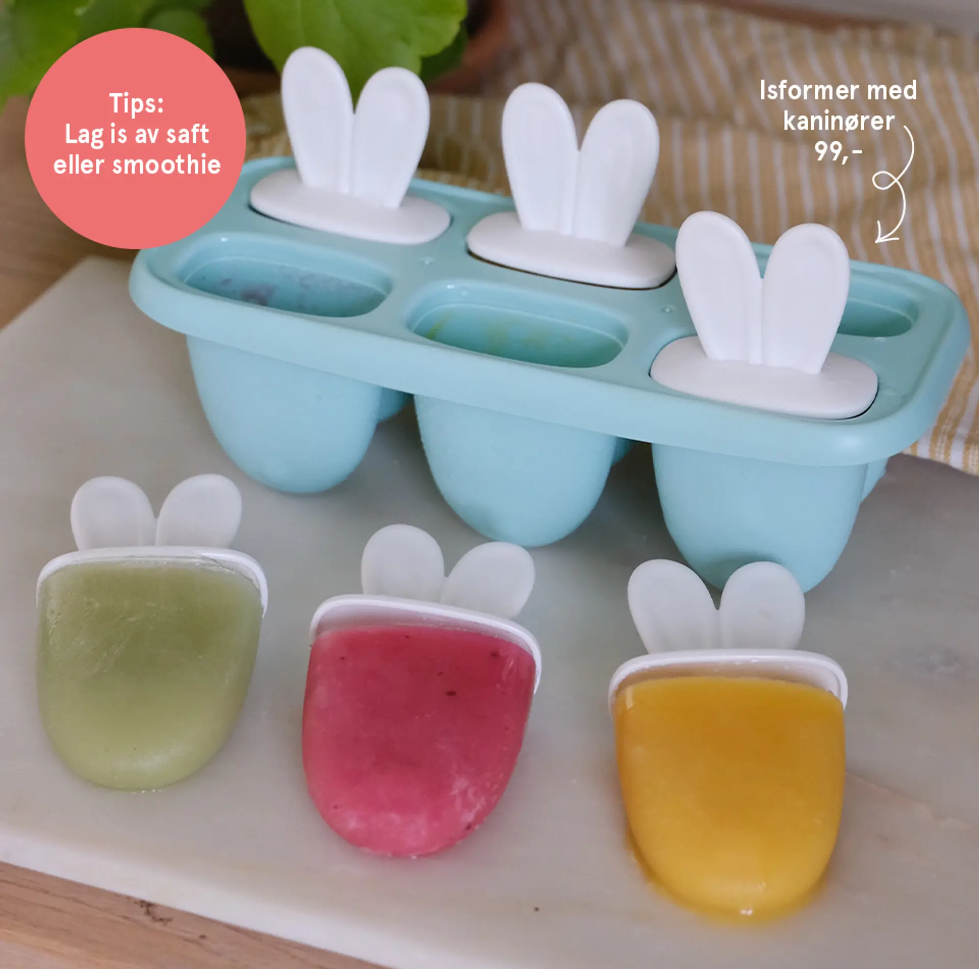 Tips! Lag påskeis av juice, saft eller smoothie. Fotografi av isformer med kaninører.