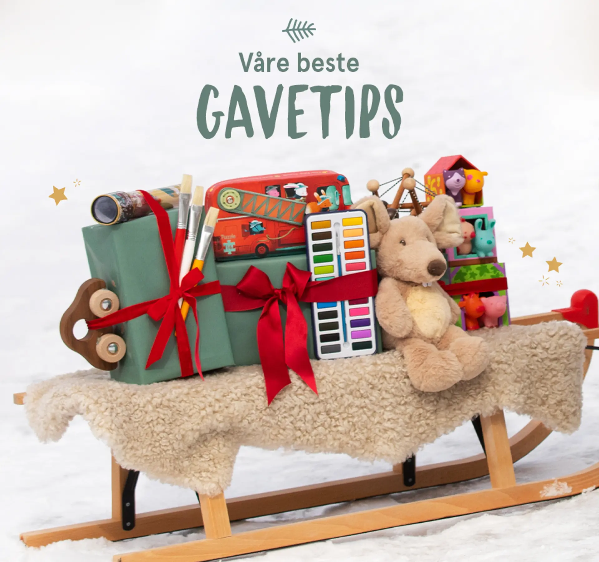 Våre beste gavetips - basert på alder. Fotografi av en slede med julegaver fra Sprell.