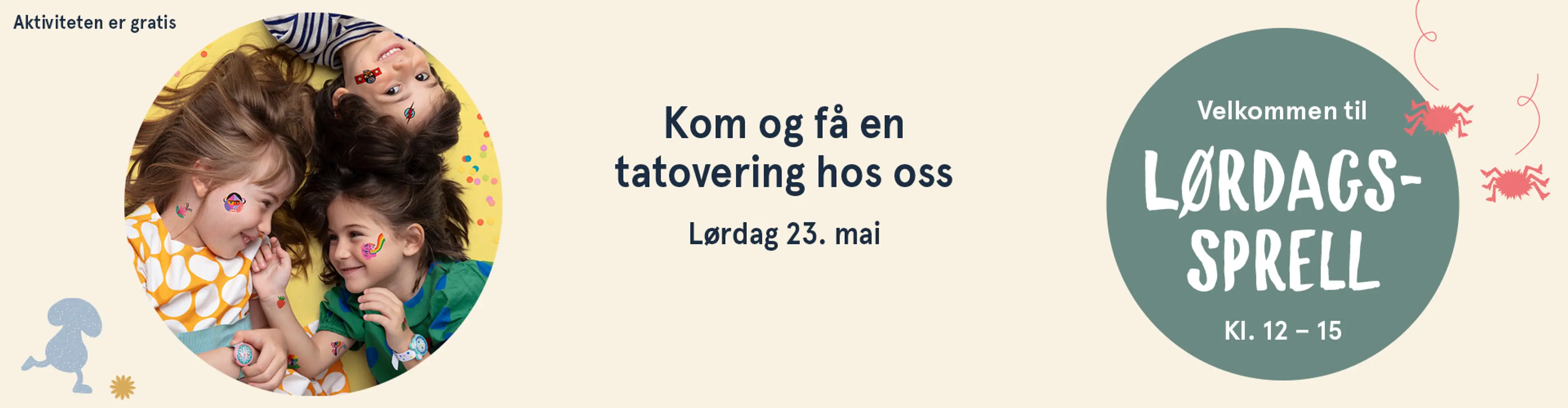 Velkommen til Lørdagssprell! Aktiviteten er gratis. Illutsrasjon.