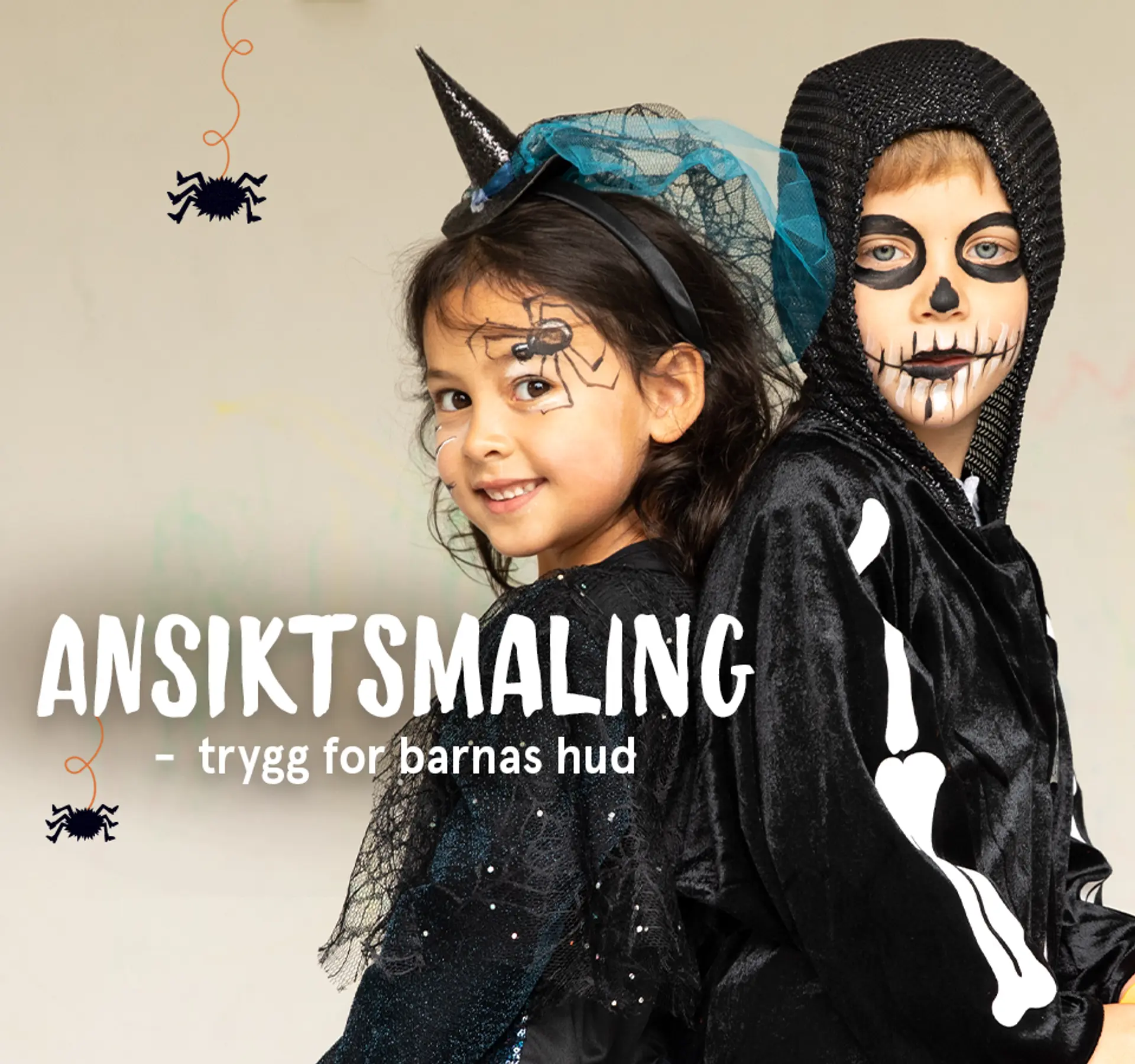 Ansiktsmaling - trygg for barnas hud. Fotografi av to barn med kostyme og ansiktsmaling i fjeset.