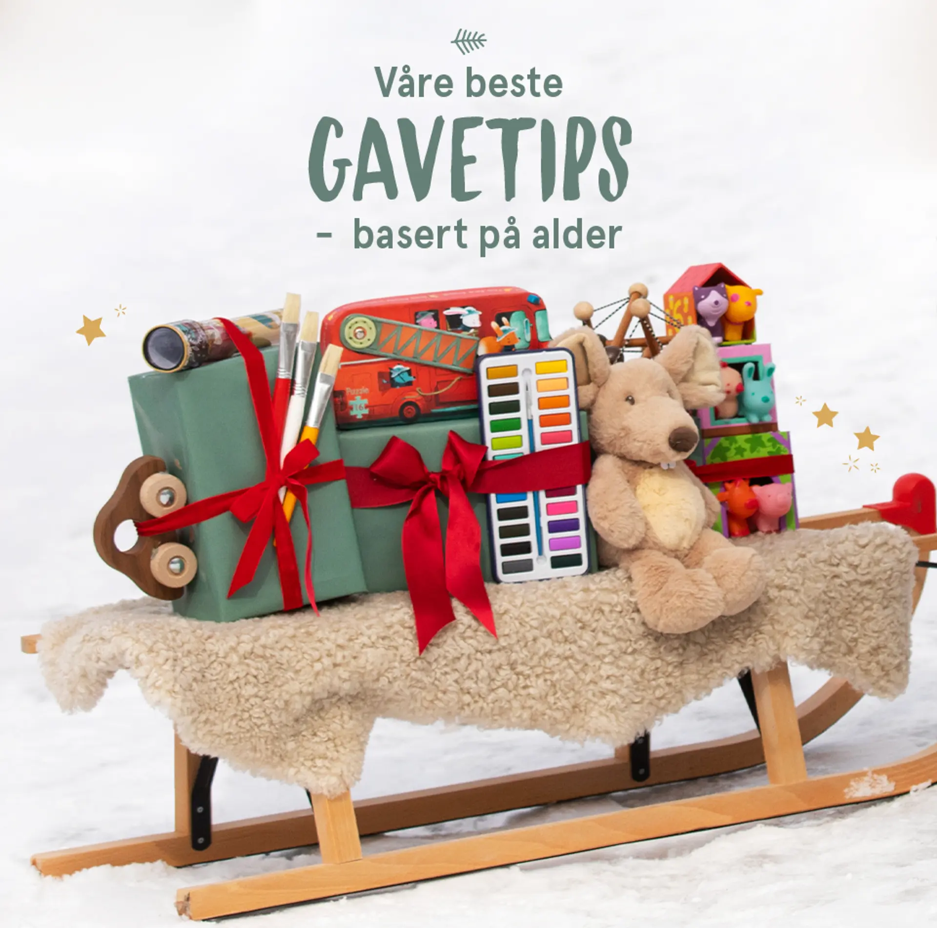 Våre beste gavetips - basert på alder. Fotografi av en slede med julegaver fra Sprell.