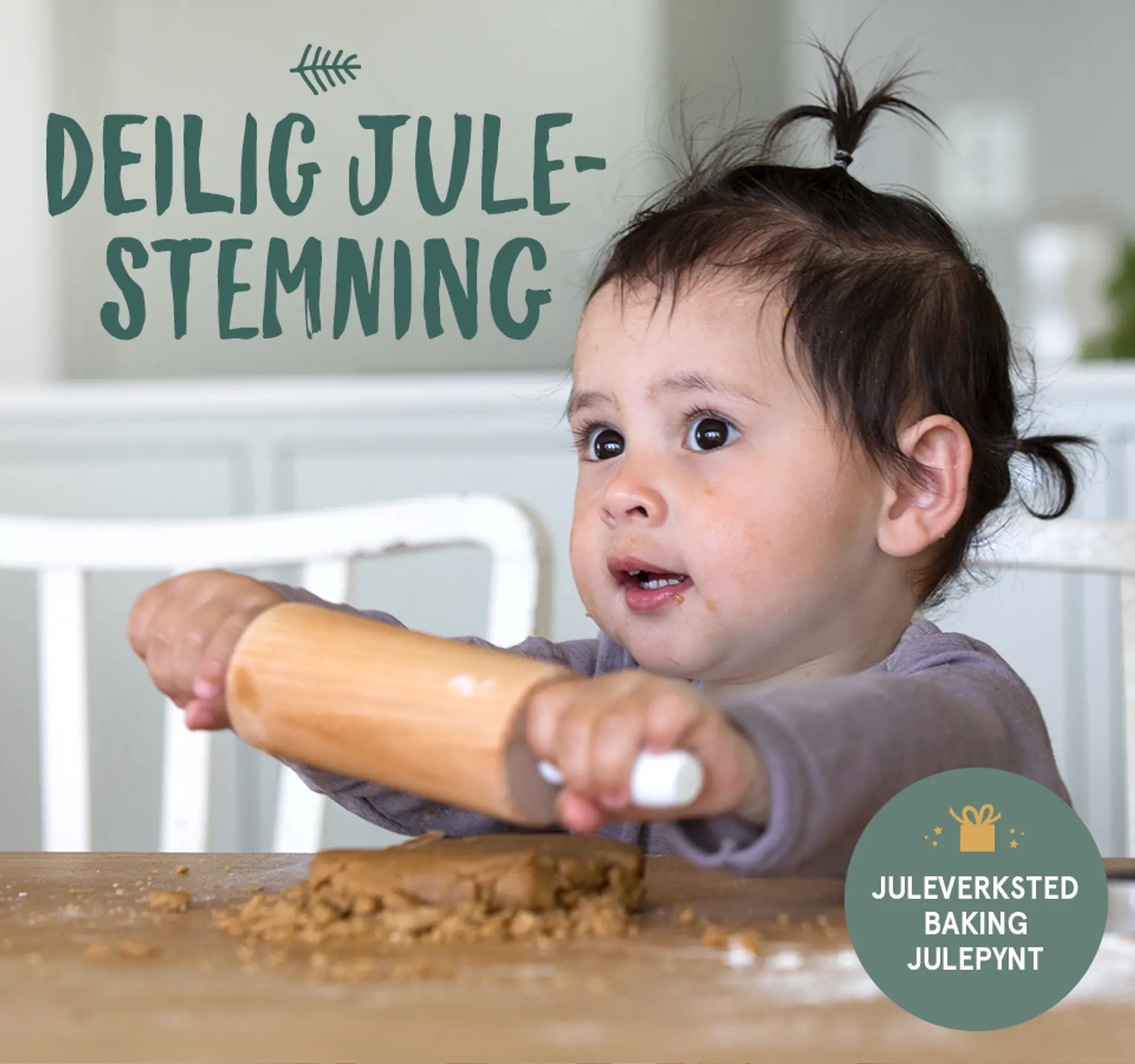 Deilig julestemning - juleverksted, baking, julepynt. Fotografi av jente som baker.