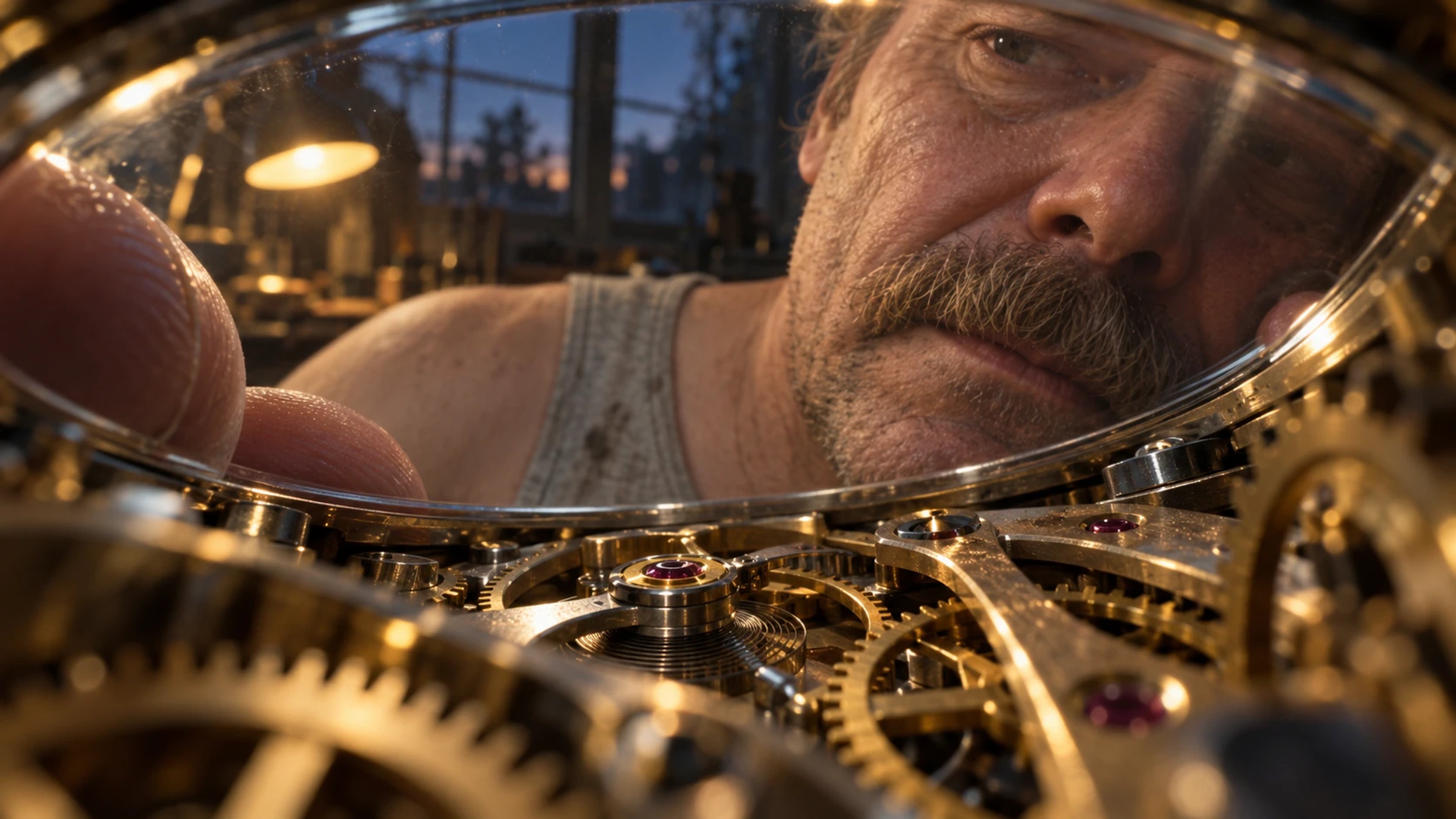 Brass gears and ruby bearings fill the foreground beneath a curved watch crystal, with a man’s face and fingertips beyond.