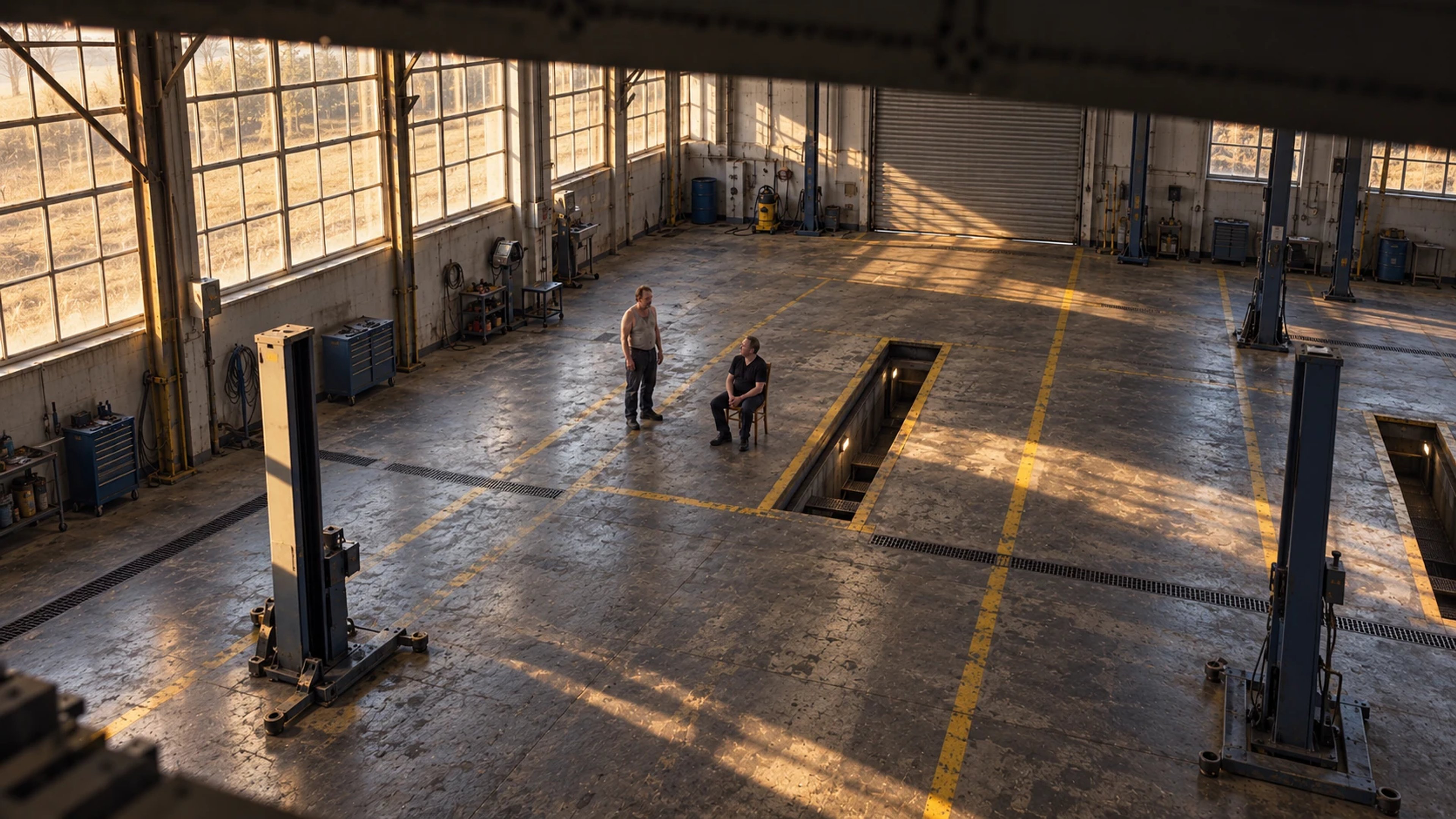 High corner view of a vehicle inspection hall, where one man stands near another seated on a chair beside the inspection pit.